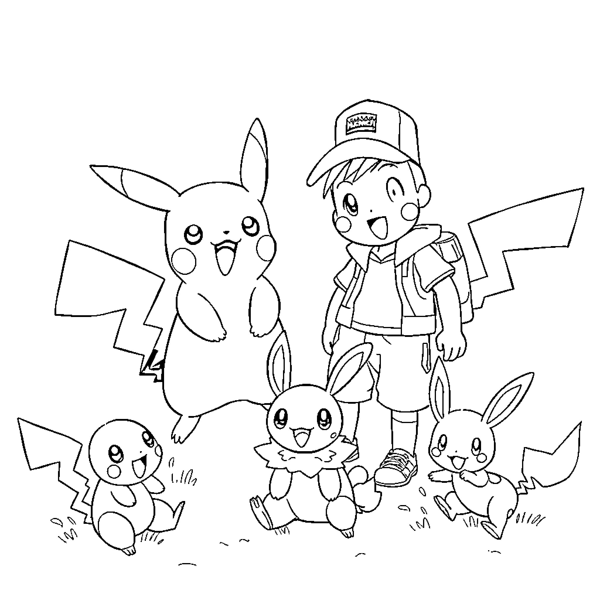 Pikachu and friends exploring the world together Coloring Page (free black-and-white line drawing printable PDF for all, from beginners to advanced learners, including children, teens, adults, and seniors)