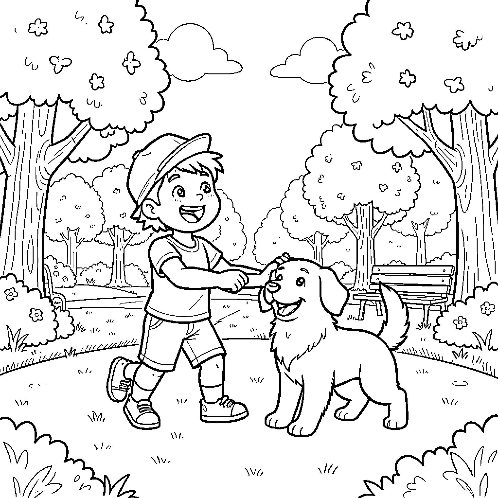Dog and boy playing together in a park Coloring Page (free black-and-white line drawing printable PDF for all, from beginners to advanced learners, including children, teens, adults, and seniors)