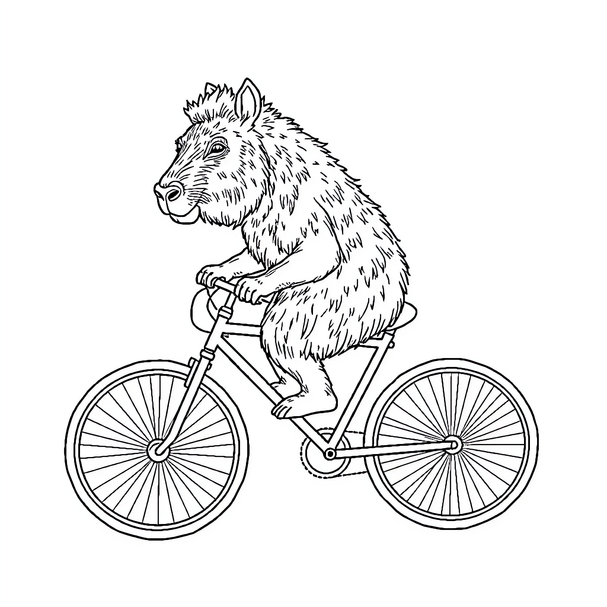 Capybara riding a bicycle Coloring Page (free black-and-white line drawing printable PDF for all, from beginners to advanced learners, including children, teens, adults, and seniors)