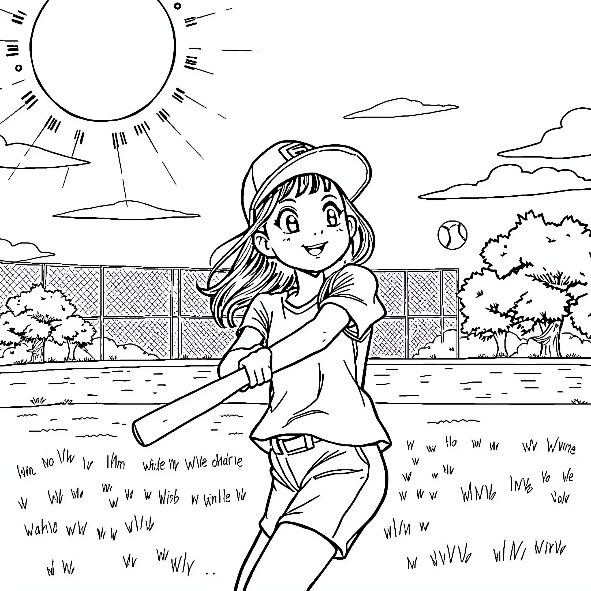 Girl playing baseball happily in the park Coloring Page (free black-and-white line drawing printable PDF for all, from beginners to advanced learners, including children, teens, adults, and seniors)