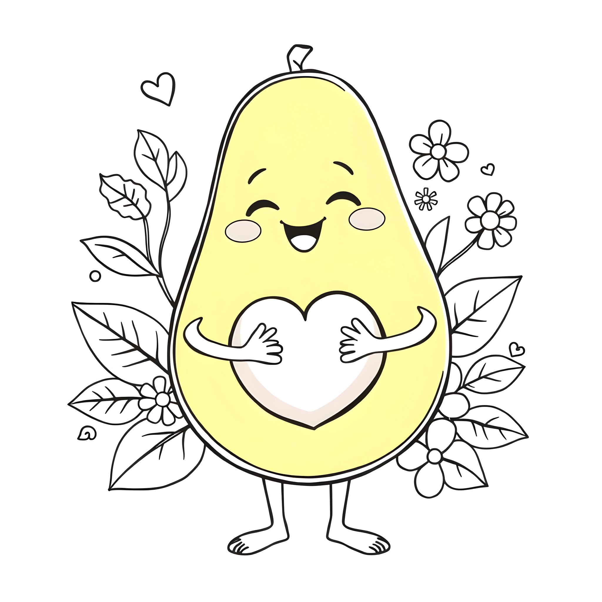 Avocado hugging heart with flowers Coloring Page (free black-and-white line drawing printable PDF for all, from beginners to advanced learners, including children, teens, adults, and seniors)