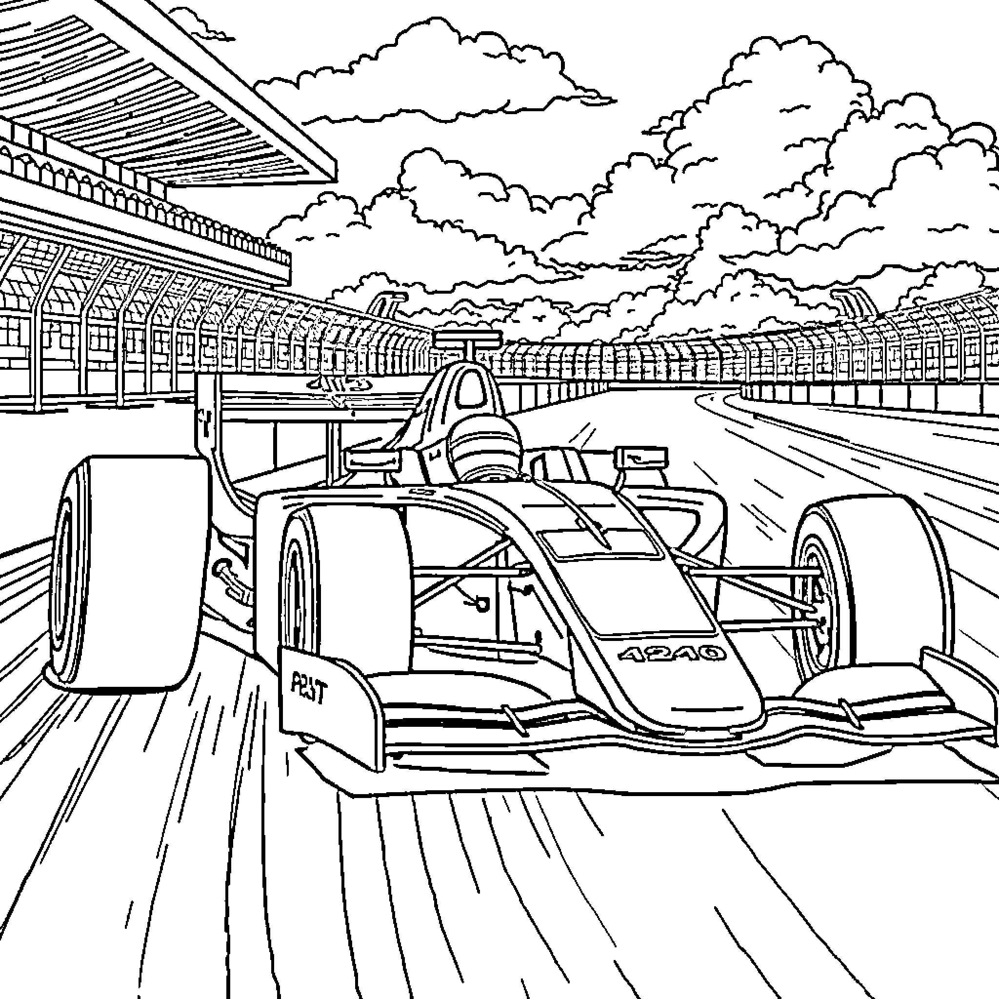 F1 Race Cars Speeding on the Racetrack Coloring Page (free black-and-white line drawing printable PDF for all, from beginners to advanced learners, including children, teens, adults, and seniors)