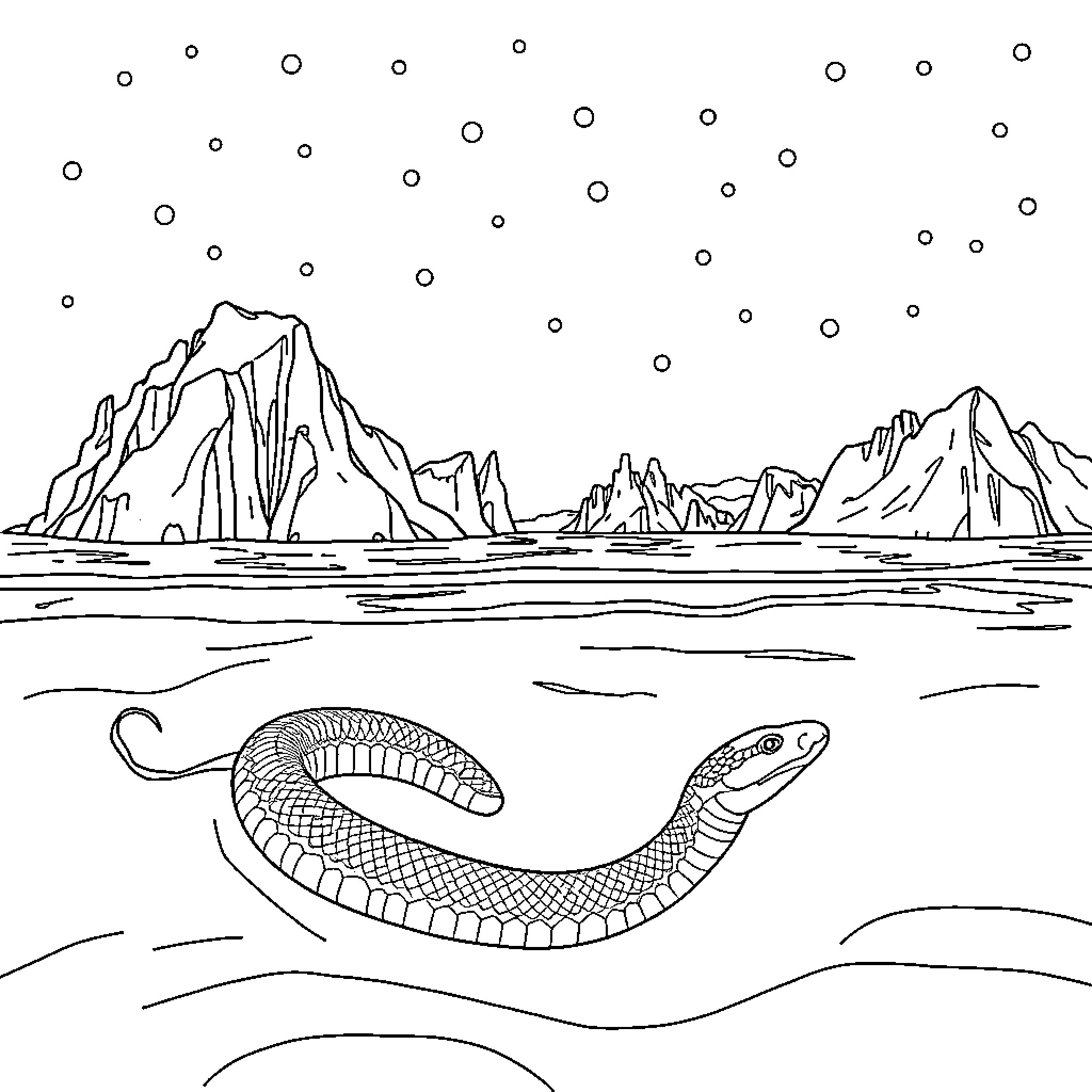 Sea Snake in Icy Arctic Waters Coloring Page (free black-and-white line drawing printable PDF for all, from beginners to advanced learners, including children, teens, adults, and seniors)