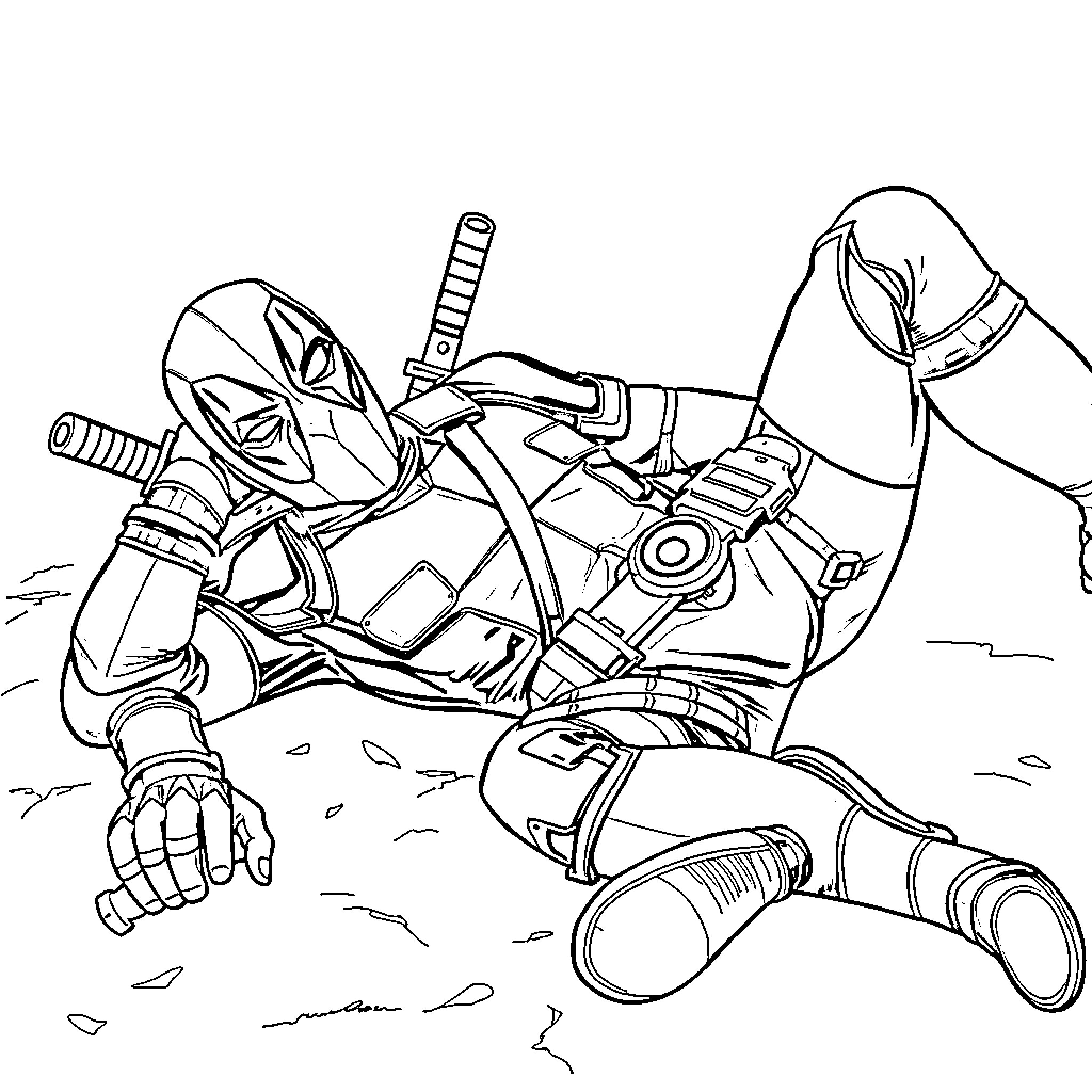 Deadpool in action-packed combat pose Coloring Page (free black-and-white line drawing printable PDF for all, from beginners to advanced learners, including children, teens, adults, and seniors)