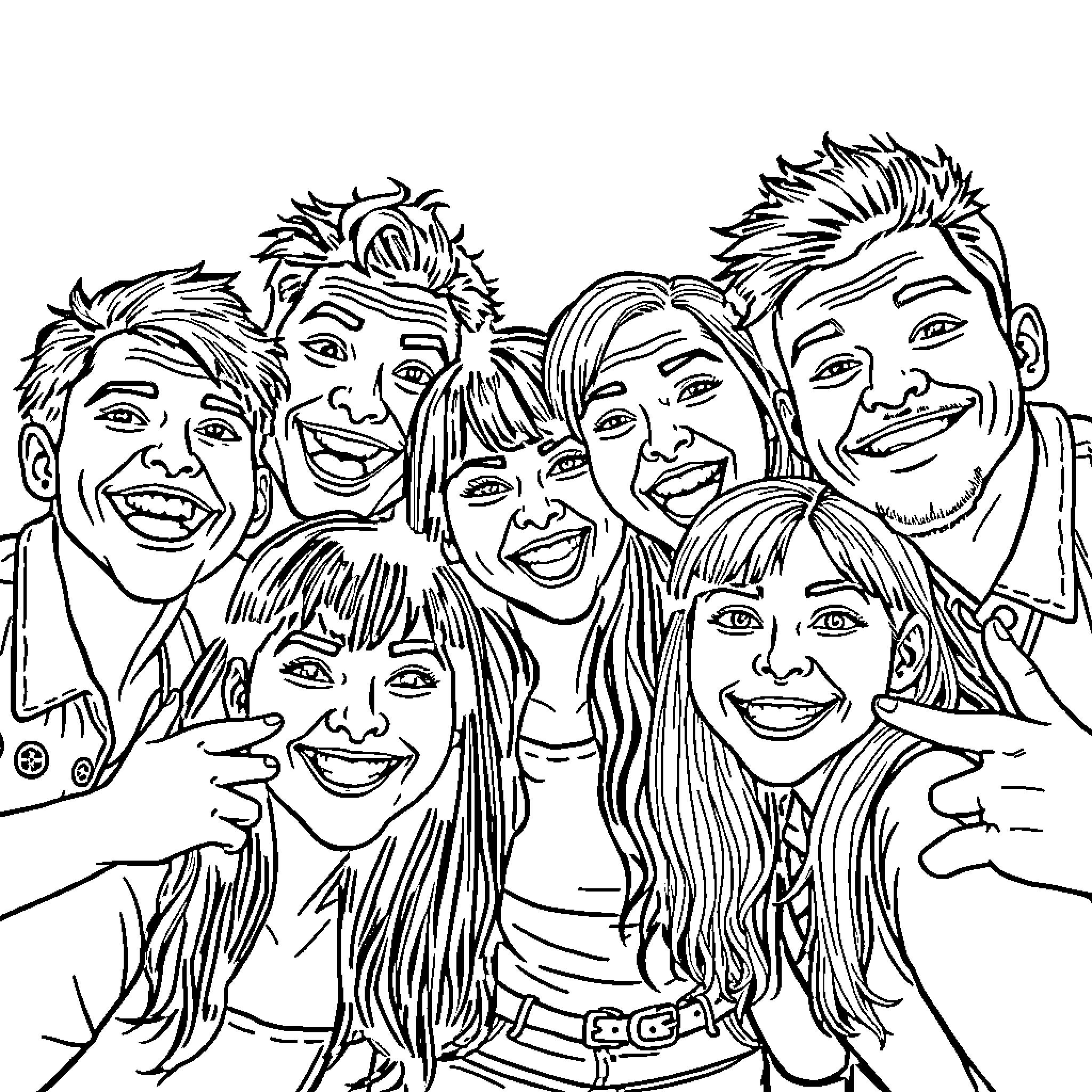 Enhypen Members Sharing Joyful Expressions Coloring Page (free black-and-white line drawing printable PDF for all, from beginners to advanced learners, including children, teens, adults, and seniors)