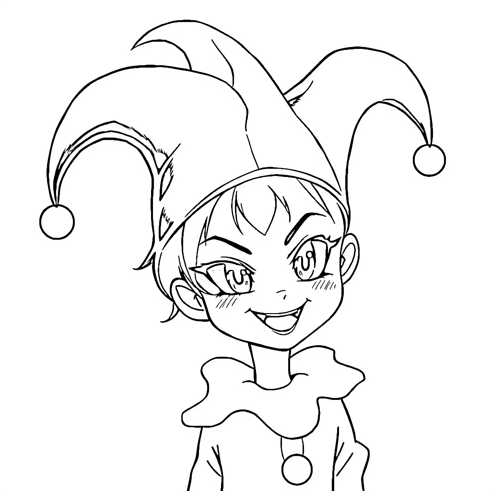 Kuromi in a playful jester outfit Coloring Page (free black-and-white line drawing printable PDF for all, from beginners to advanced learners, including children, teens, adults, and seniors)