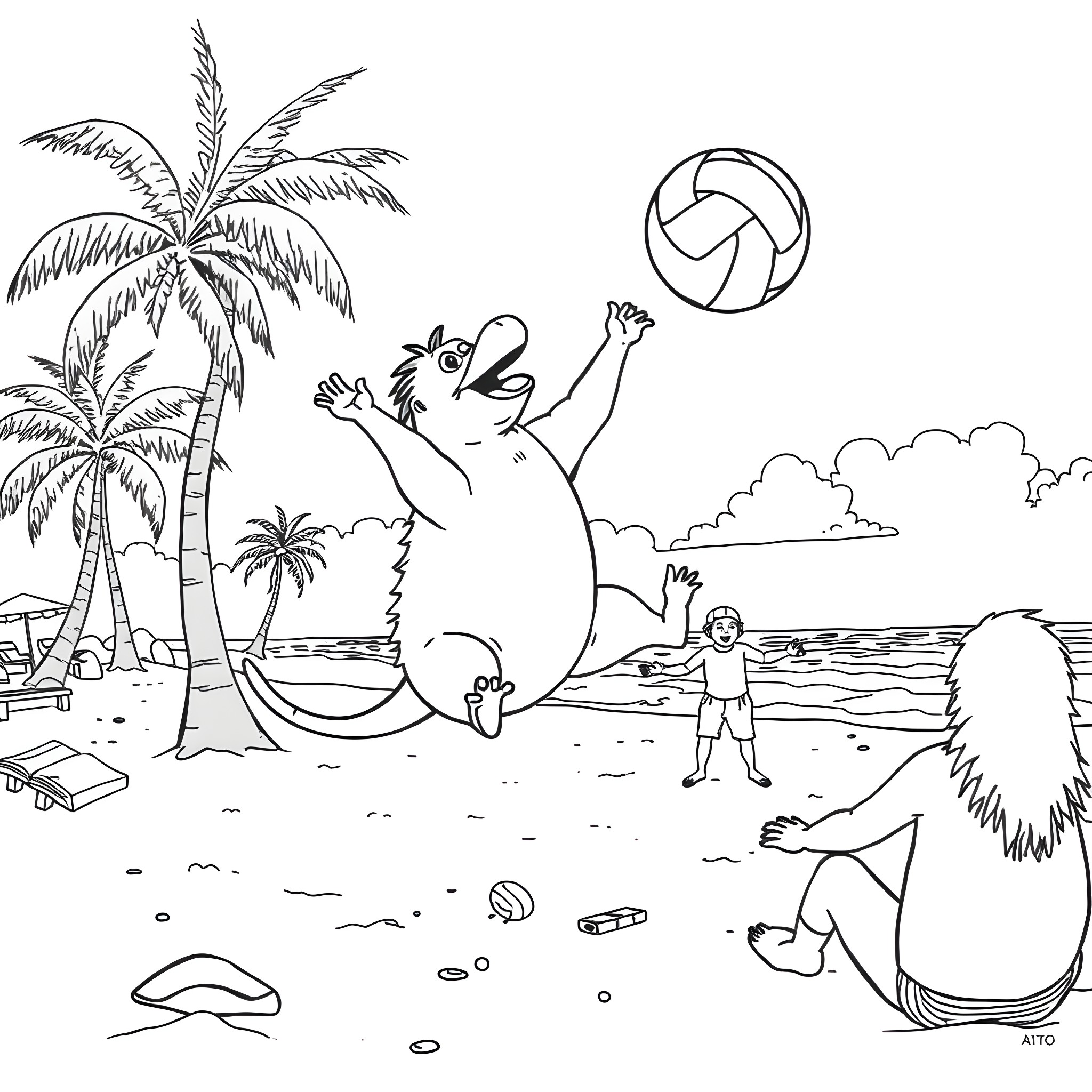 Platypus playing volleyball with friends on the beach Coloring Page (free black-and-white line drawing printable PDF for all, from beginners to advanced learners, including children, teens, adults, and seniors)