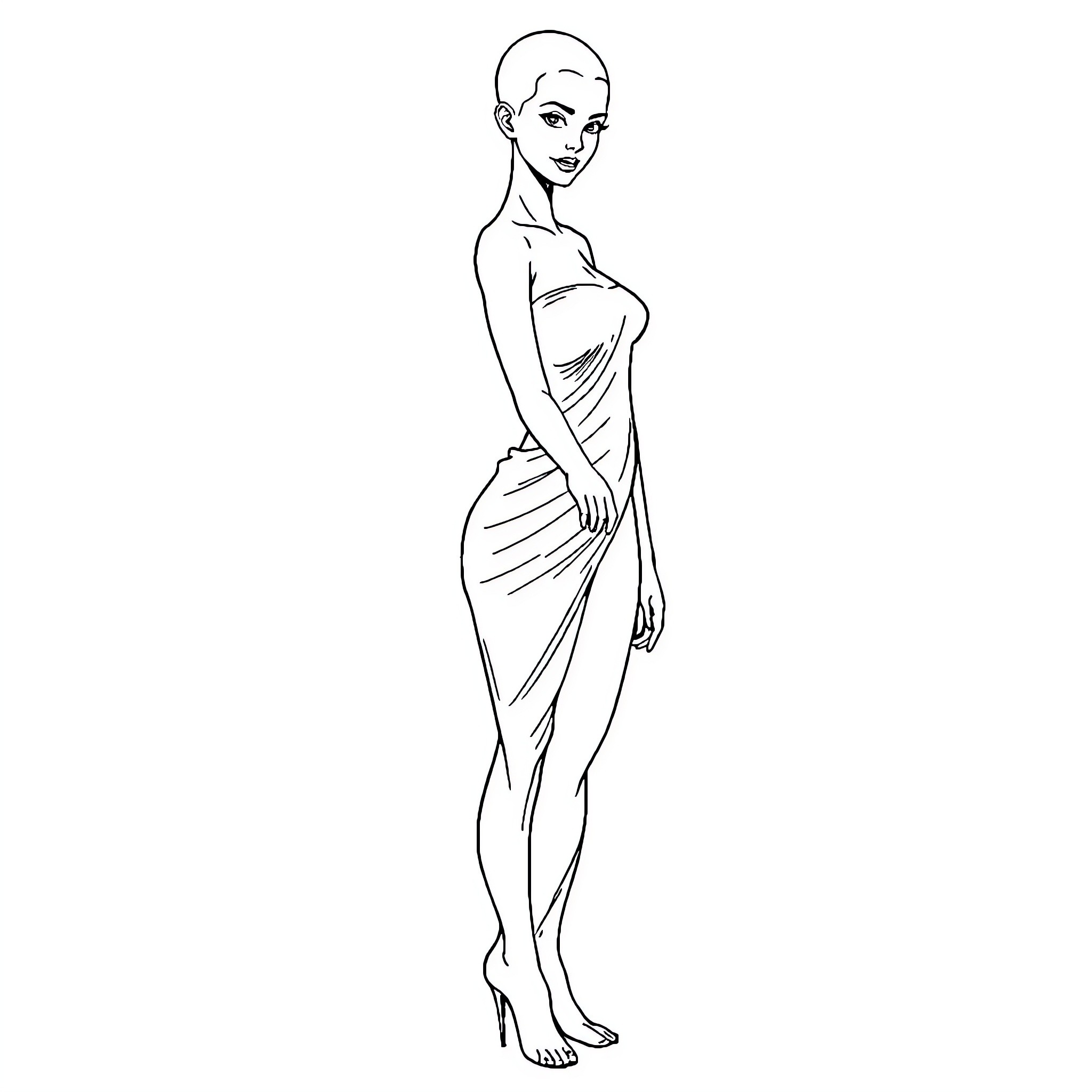 Woman in a Flowing Dress Coloring Page (free black-and-white line drawing printable PDF for all, from beginners to advanced learners, including children, teens, adults, and seniors)