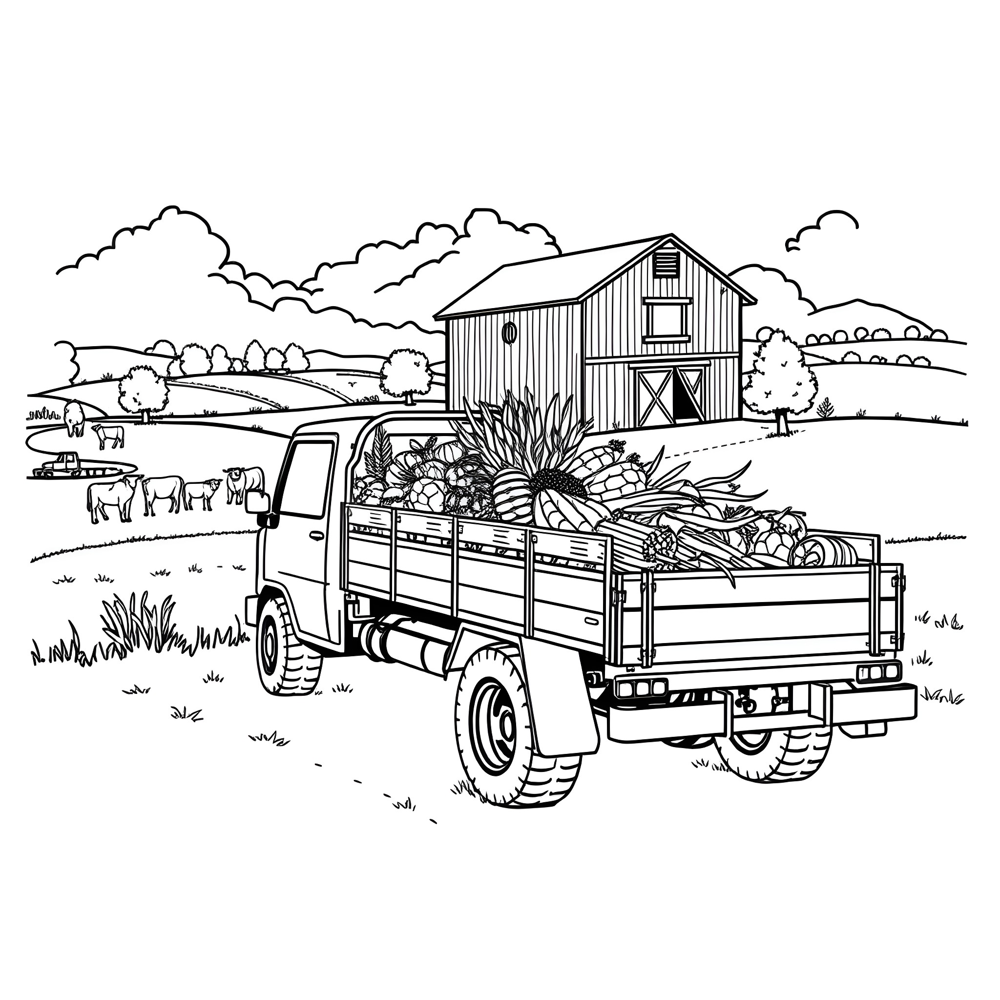 Truck transporting fresh produce from farm to market Coloring Page (free black-and-white line drawing printable PDF for all, from beginners to advanced learners, including children, teens, adults, and seniors)