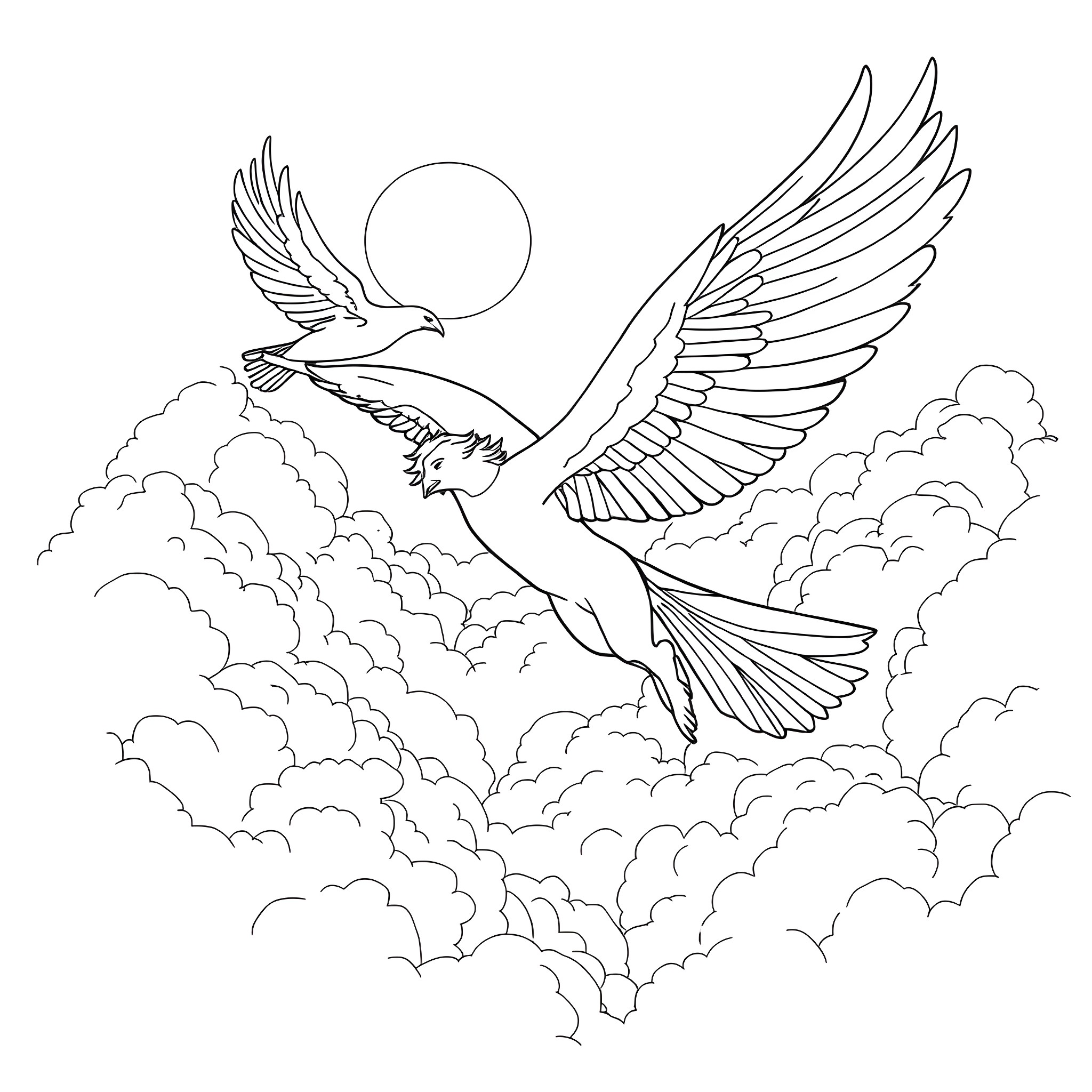 Raphael's Phoenix Soaring Through Cloudy Skies Coloring Page (free black-and-white line drawing printable PDF for all, from beginners to advanced learners, including children, teens, adults, and seniors)
