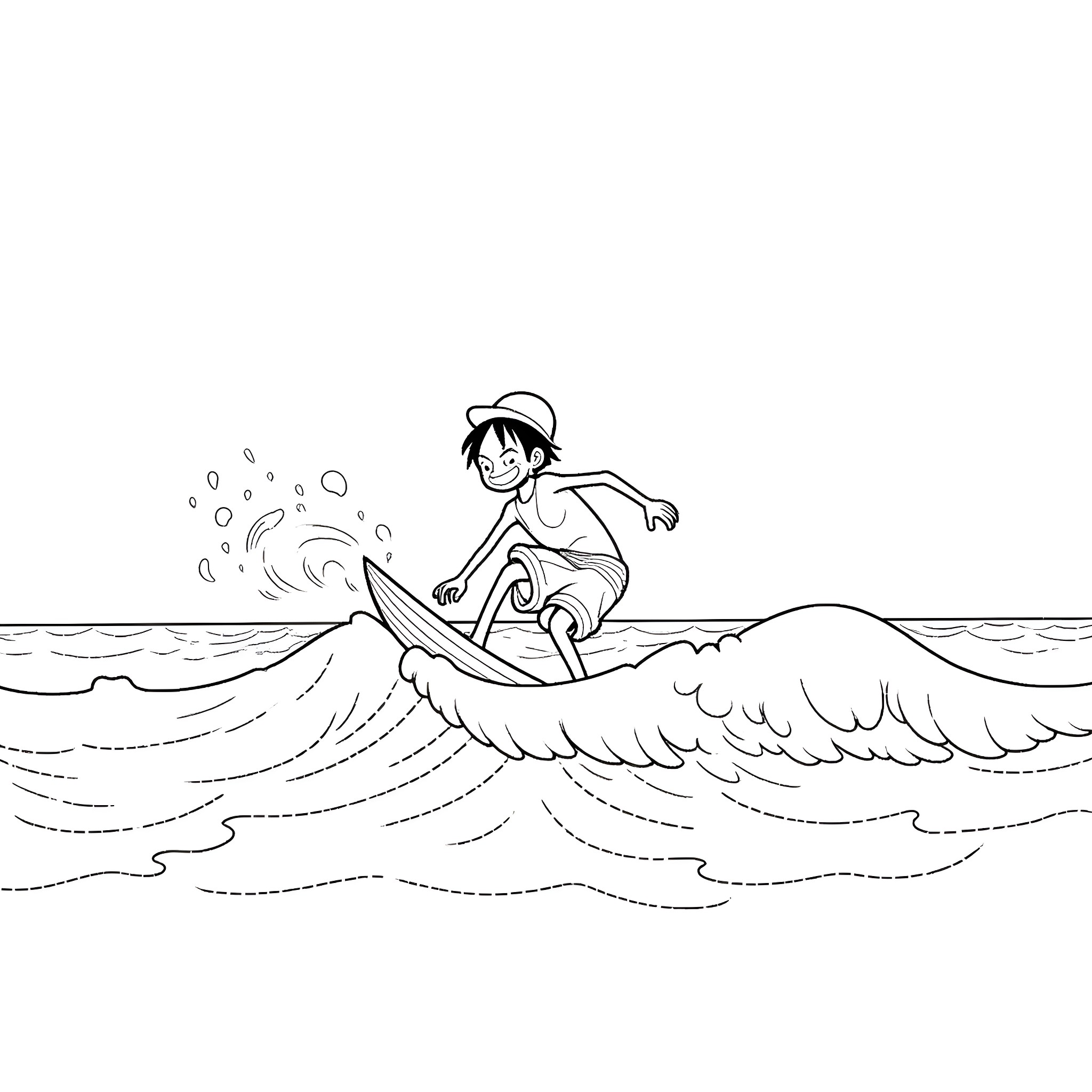 Luffy surfing on a giant wave Coloring Page (free black-and-white line drawing printable PDF for all, from beginners to advanced learners, including children, teens, adults, and seniors)