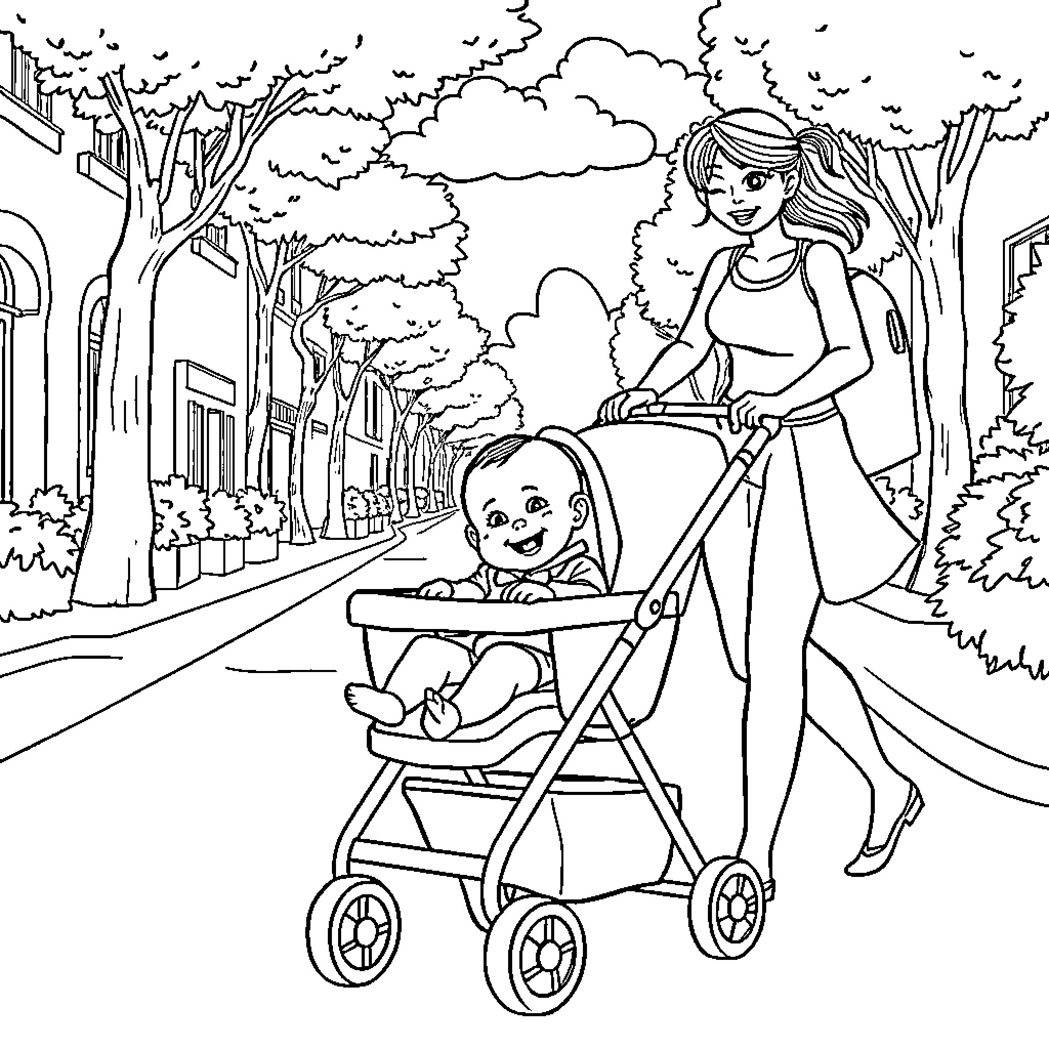 Baby riding in stroller with mother in park Coloring Page (free black-and-white line drawing printable PDF for all, from beginners to advanced learners, including children, teens, adults, and seniors)
