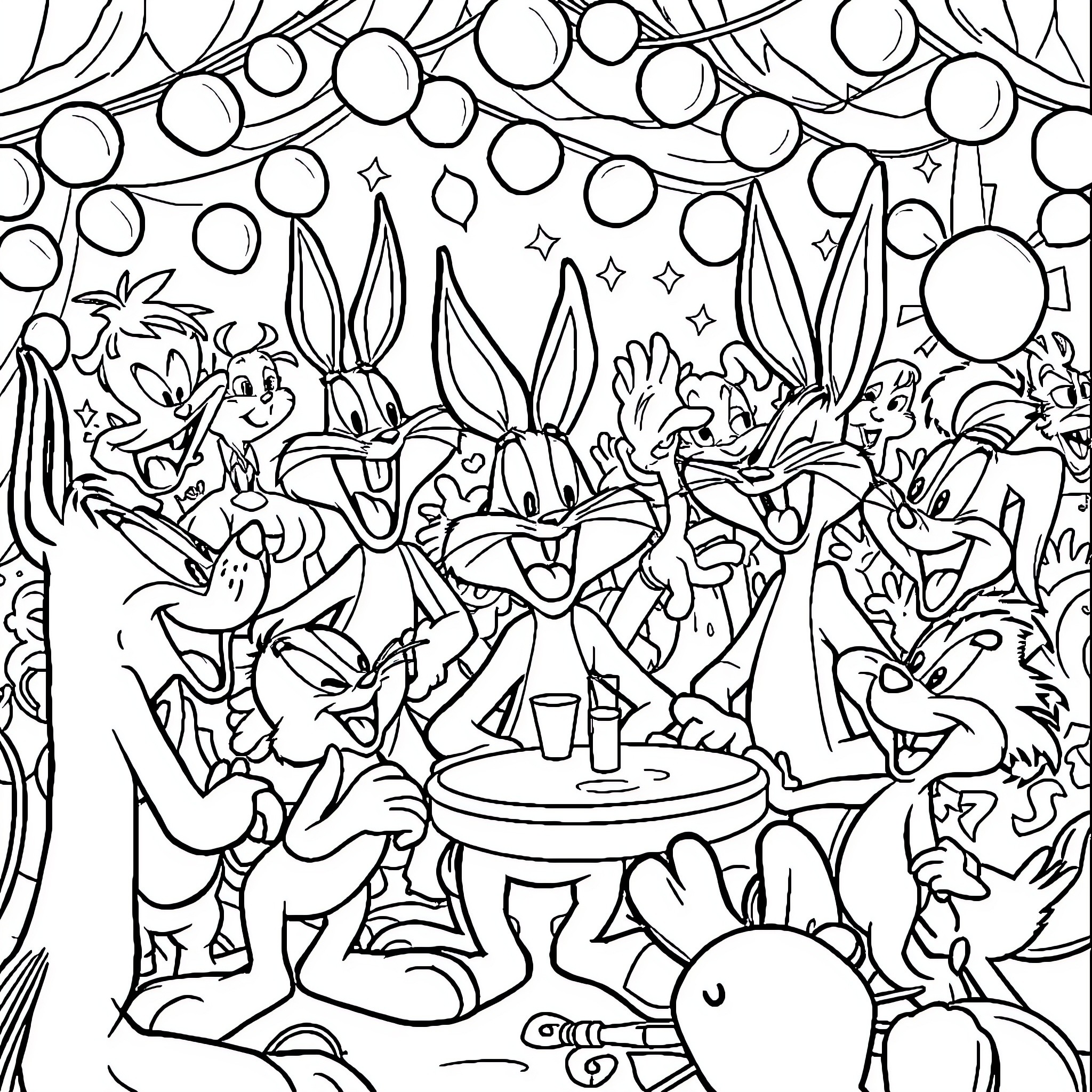 Looney Tunes characters in lively celebration Coloring Page (free black-and-white line drawing printable PDF for all, from beginners to advanced learners, including children, teens, adults, and seniors)