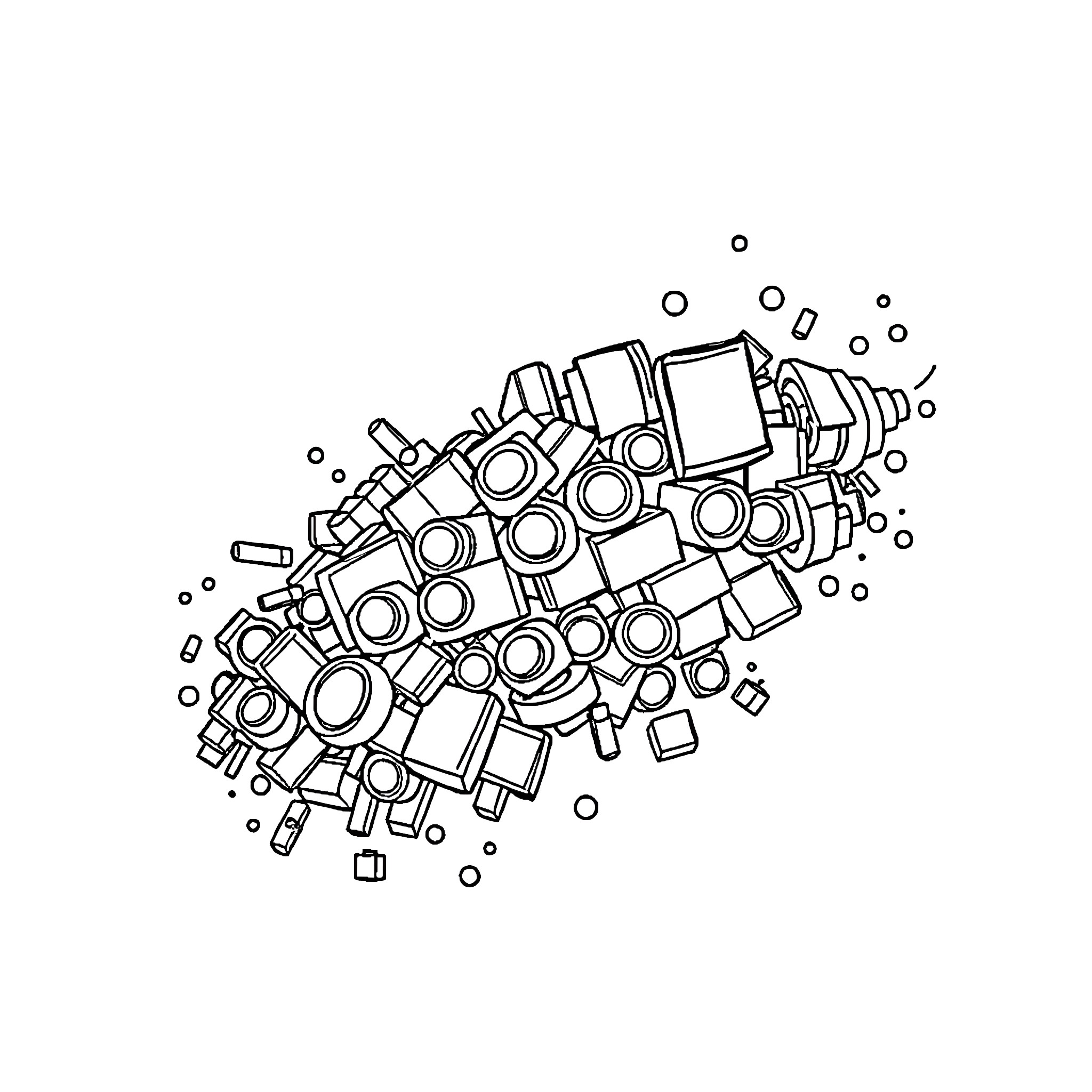 Lego blocks assembling in a scattered pattern Coloring Page (free black-and-white line drawing printable PDF for all, from beginners to advanced learners, including children, teens, adults, and seniors)
