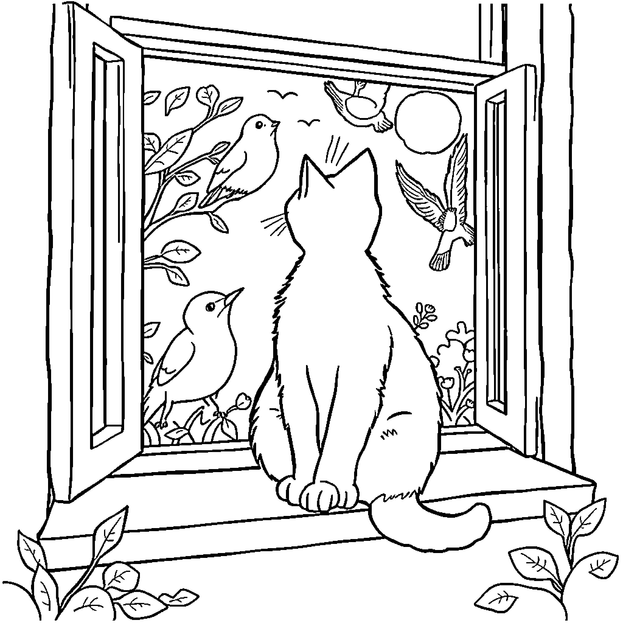 Cat Gazing at Birds Through Window Coloring Page (free black-and-white line drawing printable PDF for all, from beginners to advanced learners, including children, teens, adults, and seniors)