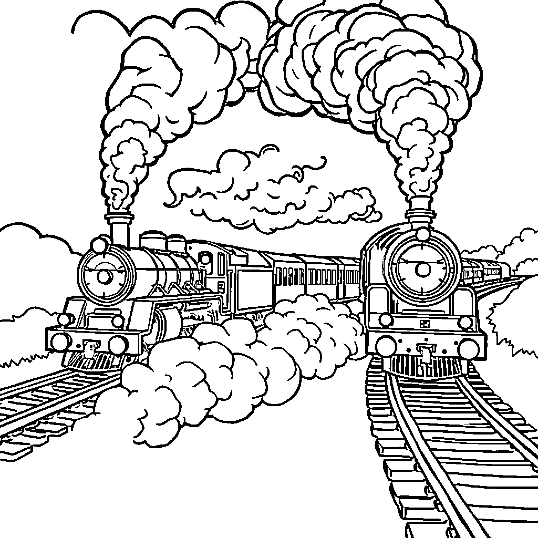 Steam Train Engines Puffing Smoke on Railway Tracks Coloring Page (free black-and-white line drawing printable PDF for all, from beginners to advanced learners, including children, teens, adults, and seniors)