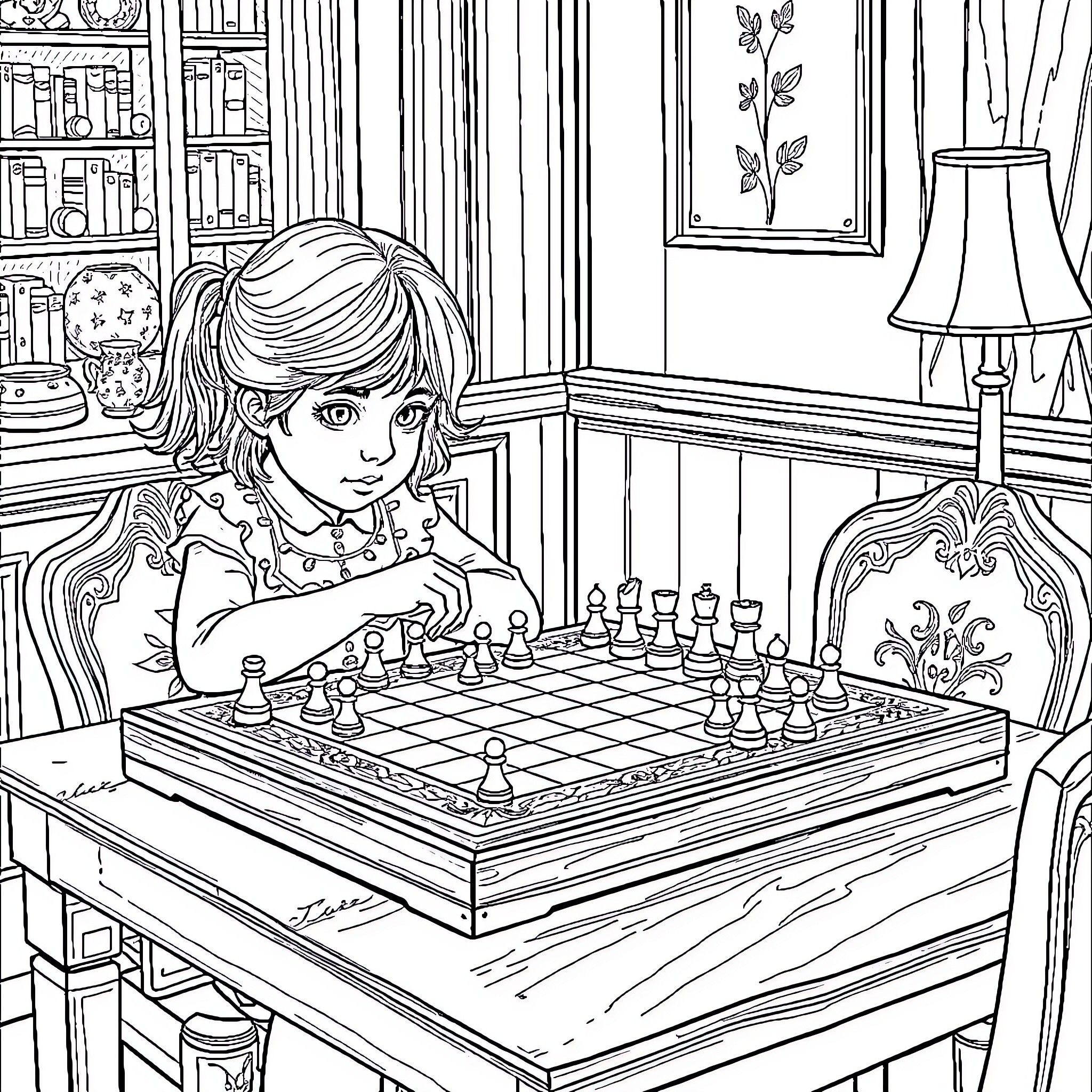 Girl concentrating on playing chess in the cozy study Coloring Page (free black-and-white line drawing printable PDF for all, from beginners to advanced learners, including children, teens, adults, and seniors)