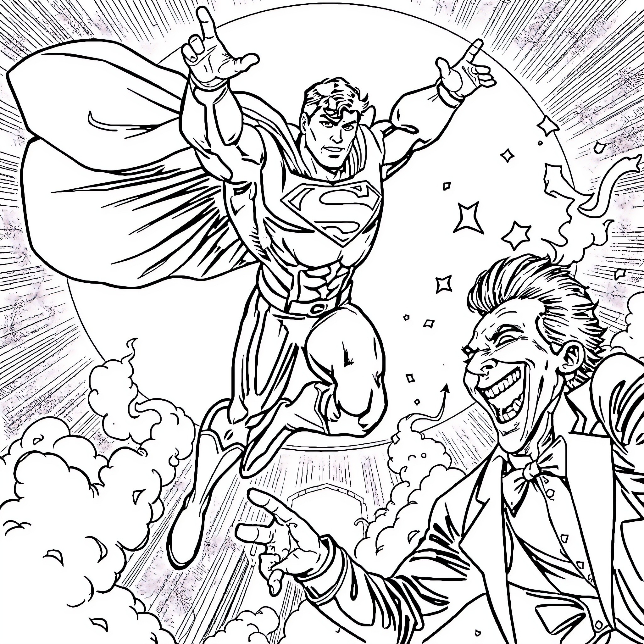 Superman battling the Joker in an epic confrontation Coloring Page (free black-and-white line drawing printable PDF for all, from beginners to advanced learners, including children, teens, adults, and seniors)