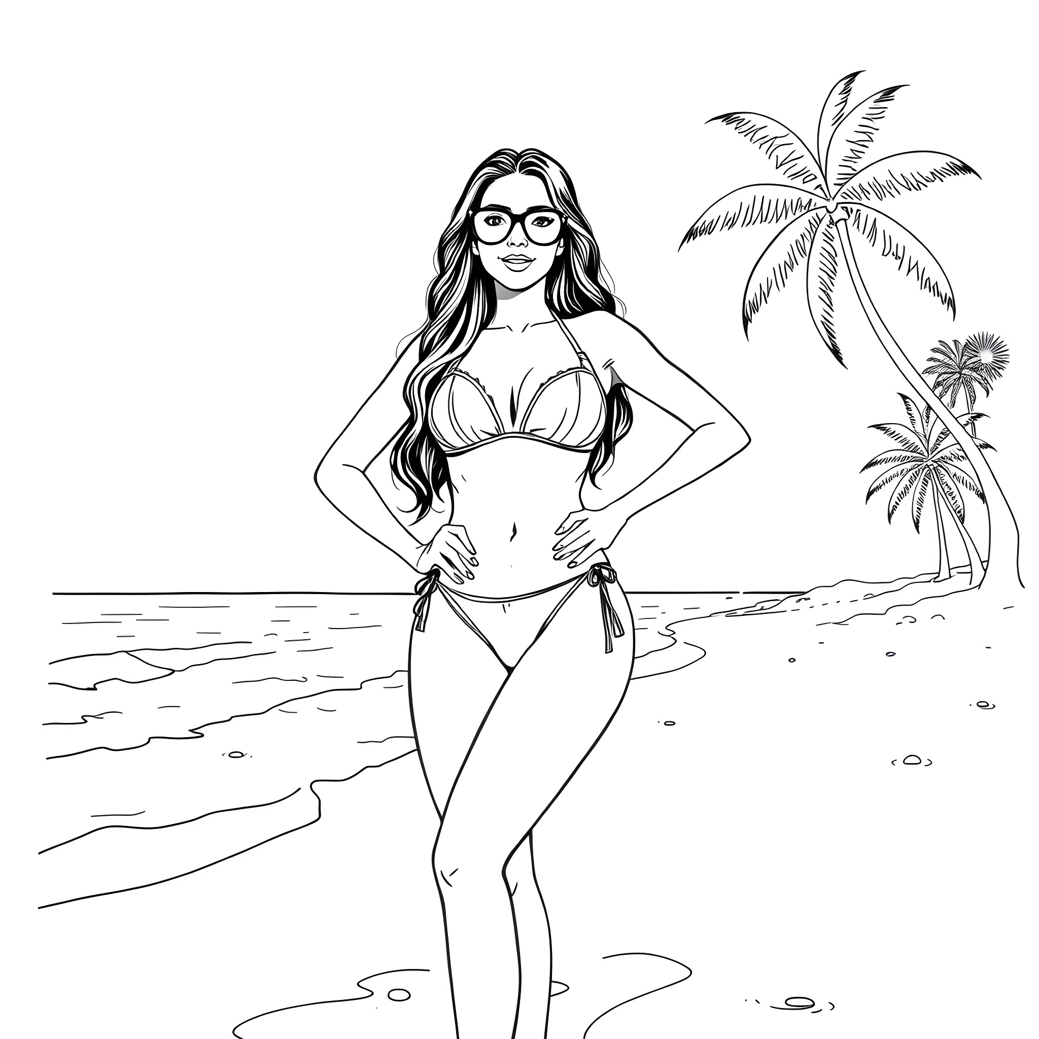 Anasuya Bharadwaj enjoying a day at the beach Coloring Page (free black-and-white line drawing printable PDF for all, from beginners to advanced learners, including children, teens, adults, and seniors)