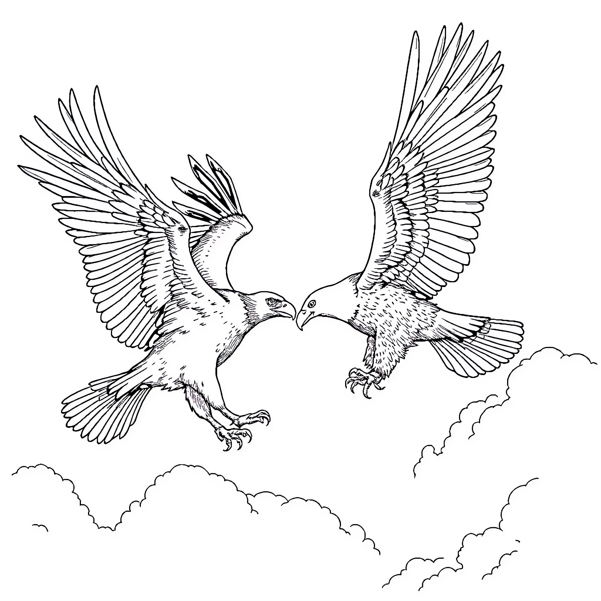 Vultures soaring gracefully in the clouds Coloring Page (free black-and-white line drawing printable PDF for all, from beginners to advanced learners, including children, teens, adults, and seniors)