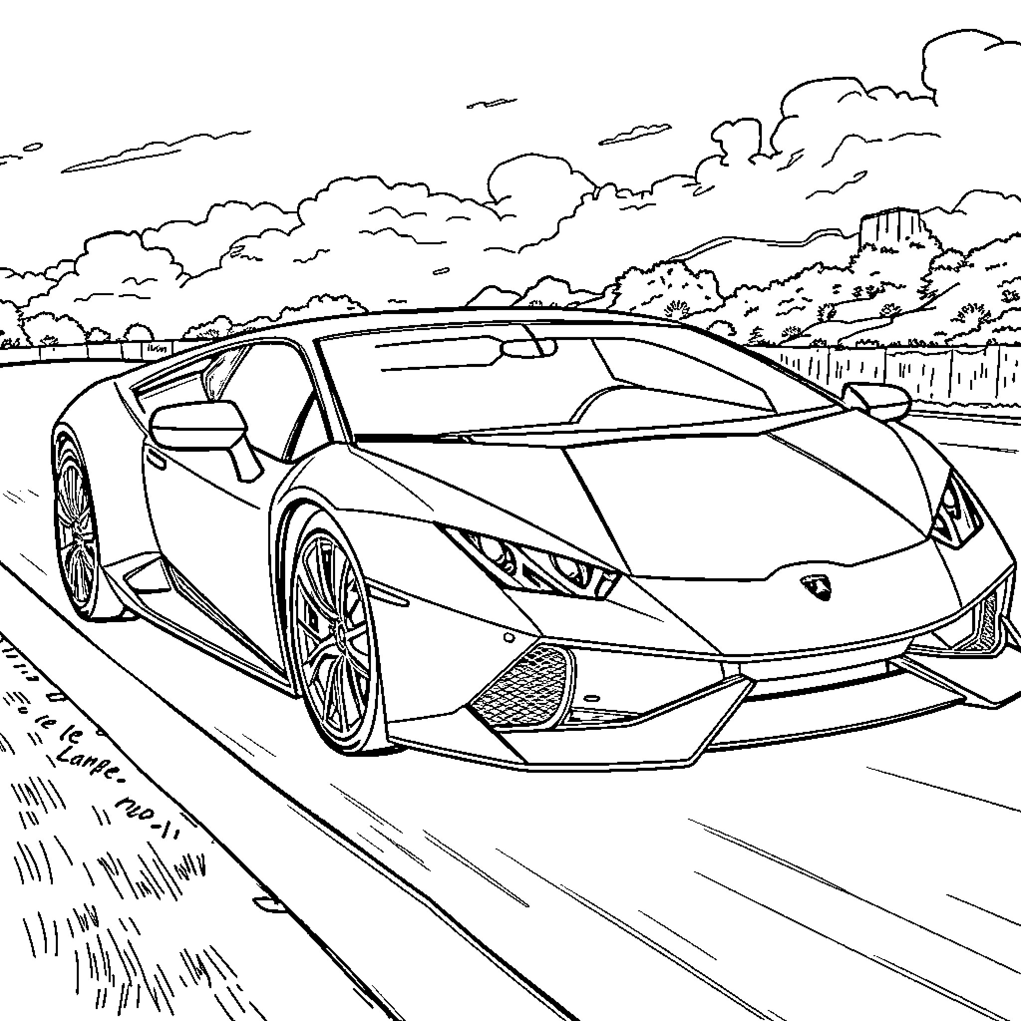 Lamborghini supercar speeding through the countryside Coloring Page (free black-and-white line drawing printable PDF for all, from beginners to advanced learners, including children, teens, adults, and seniors)