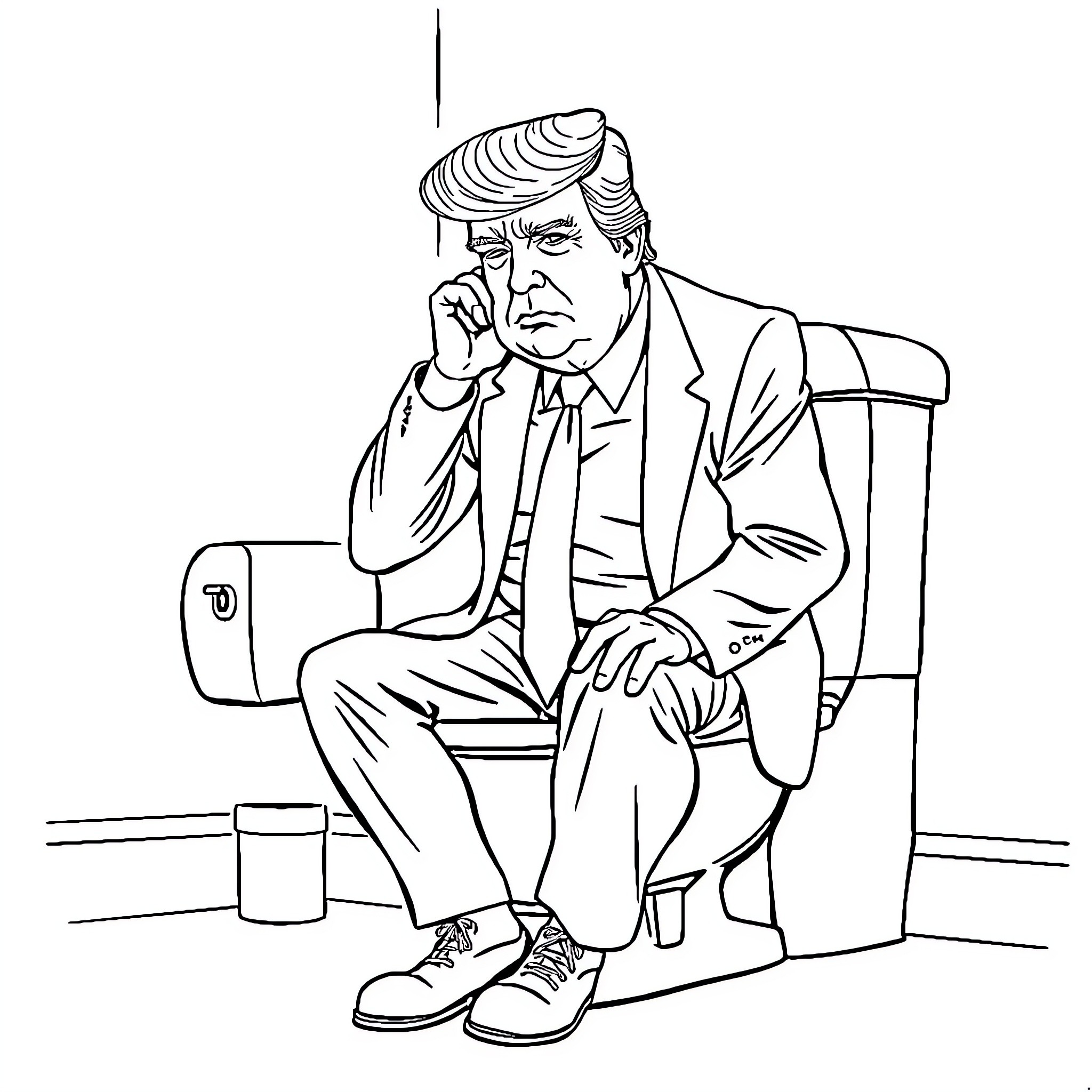 Trump in pensive stance in formal attire Coloring Page (free black-and-white line drawing printable PDF for all, from beginners to advanced learners, including children, teens, adults, and seniors)