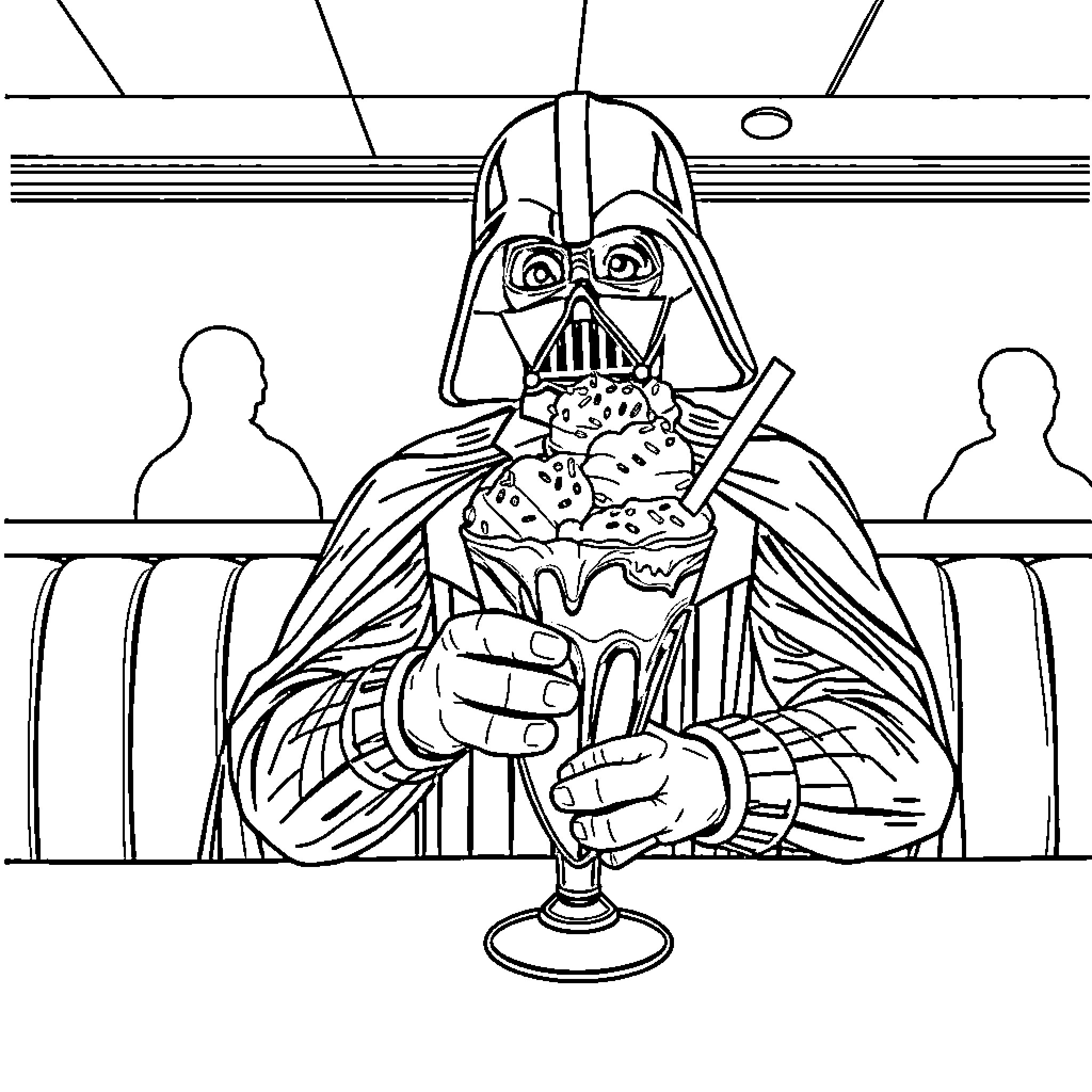 Darth Vader enjoying an ice cream sundae Coloring Page (free black-and-white line drawing printable PDF for all, from beginners to advanced learners, including children, teens, adults, and seniors)