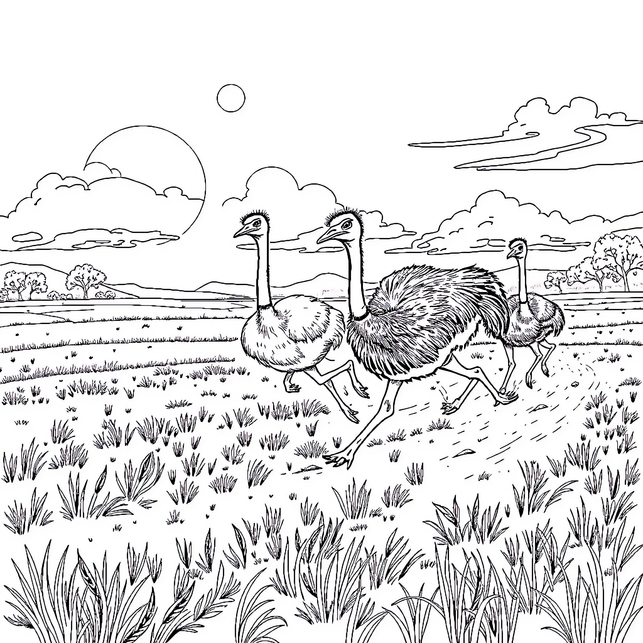 Ostriches racing across the savanna landscape Coloring Page (free black-and-white line drawing printable PDF for all, from beginners to advanced learners, including children, teens, adults, and seniors)