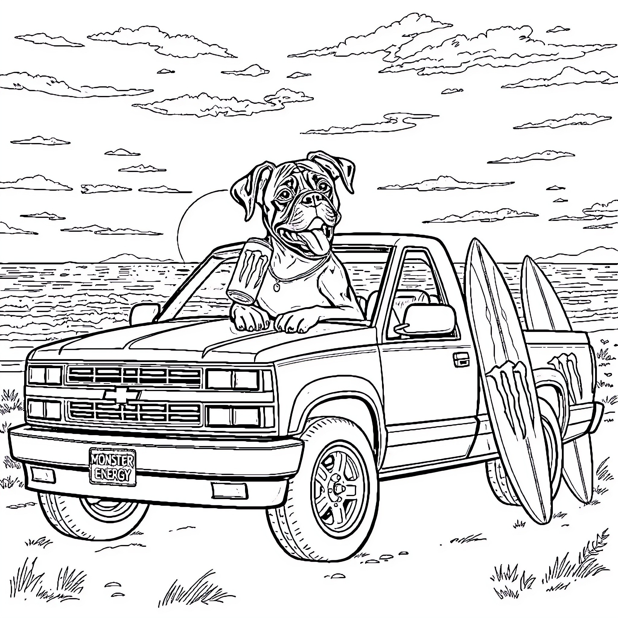 Boxer dog riding in surf truck with boards Coloring Page (free black-and-white line drawing printable PDF for all, from beginners to advanced learners, including children, teens, adults, and seniors)