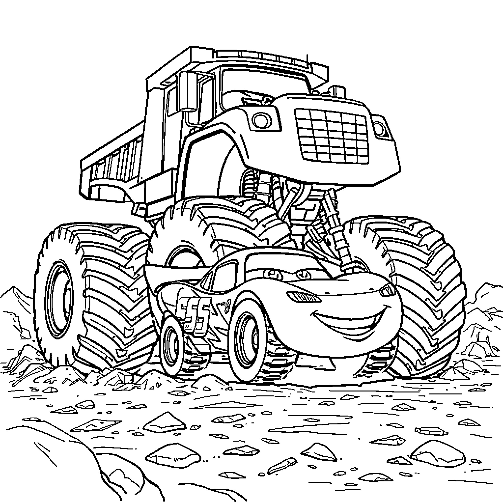 Monster Truck Crushing Cars in the Wilderness Coloring Page (free black-and-white line drawing printable PDF for all, from beginners to advanced learners, including children, teens, adults, and seniors)