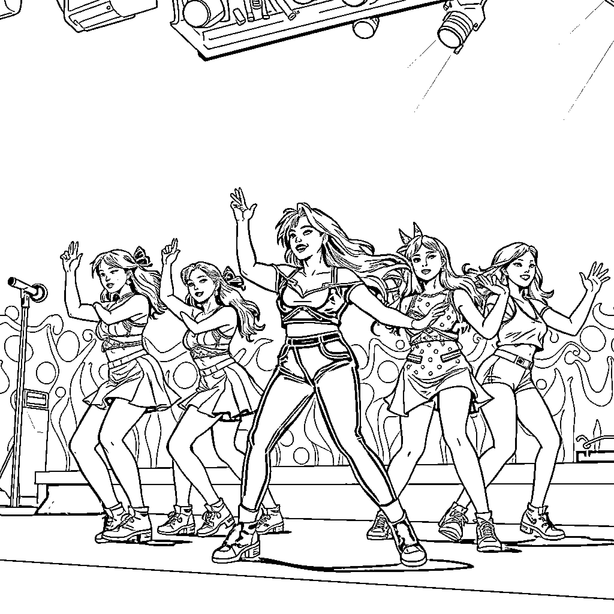 K Pop Warrior Dance Troupe Performing on Stage Coloring Page (free black-and-white line drawing printable PDF for all, from beginners to advanced learners, including children, teens, adults, and seniors)