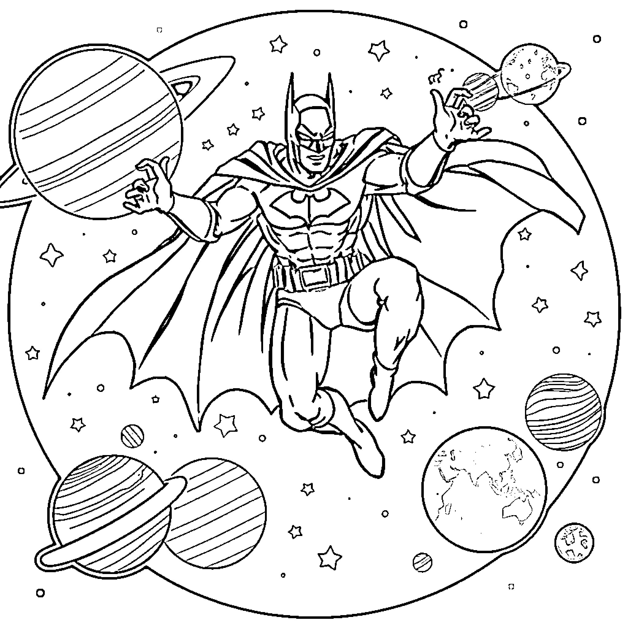 Batman soaring through the cosmic space Coloring Page (free black-and-white line drawing printable PDF for all, from beginners to advanced learners, including children, teens, adults, and seniors)