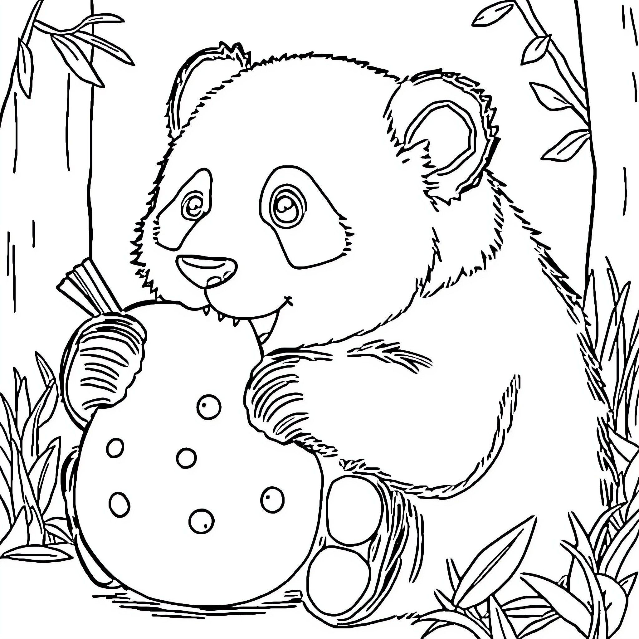 Panda playing happily in nature Coloring Page (free black-and-white line drawing printable PDF for all, from beginners to advanced learners, including children, teens, adults, and seniors)
