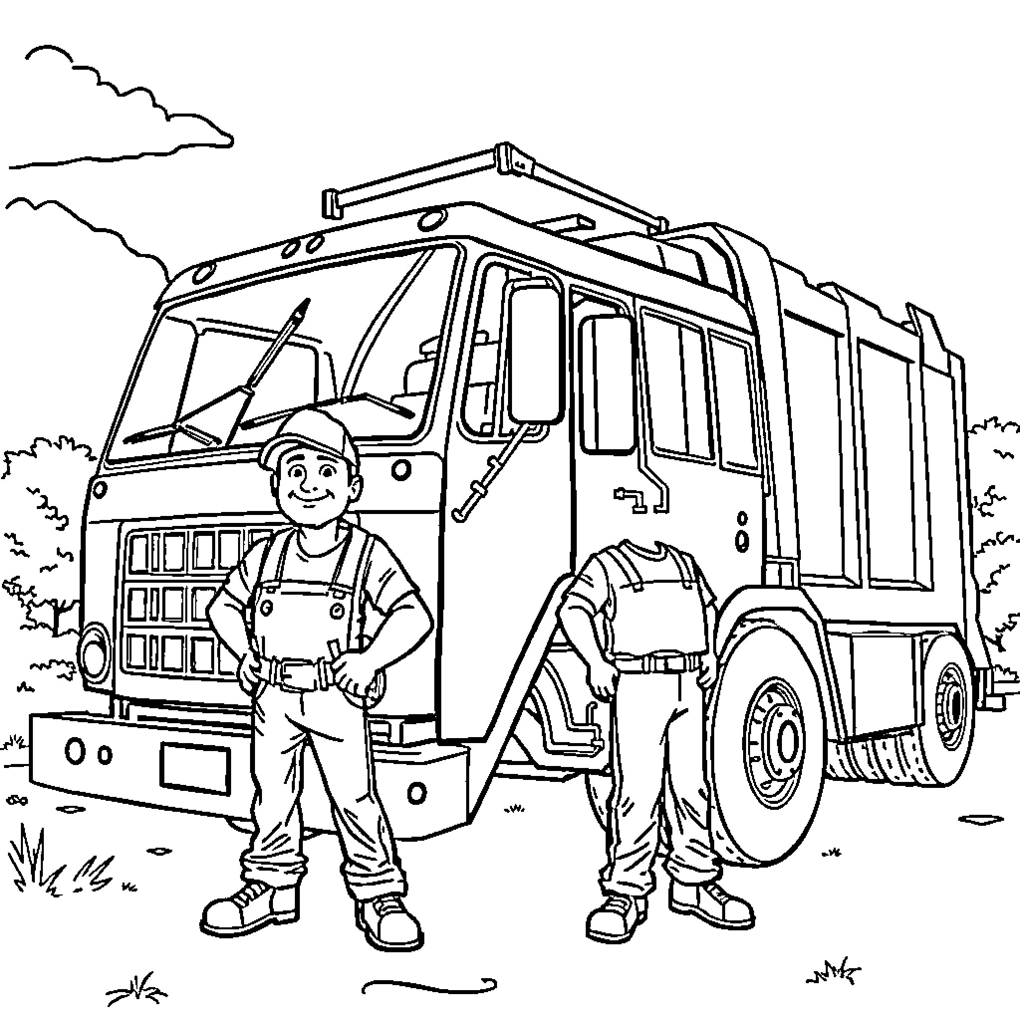 Handyman workers inspecting a garbage truck Coloring Page (free black-and-white line drawing printable PDF for all, from beginners to advanced learners, including children, teens, adults, and seniors)