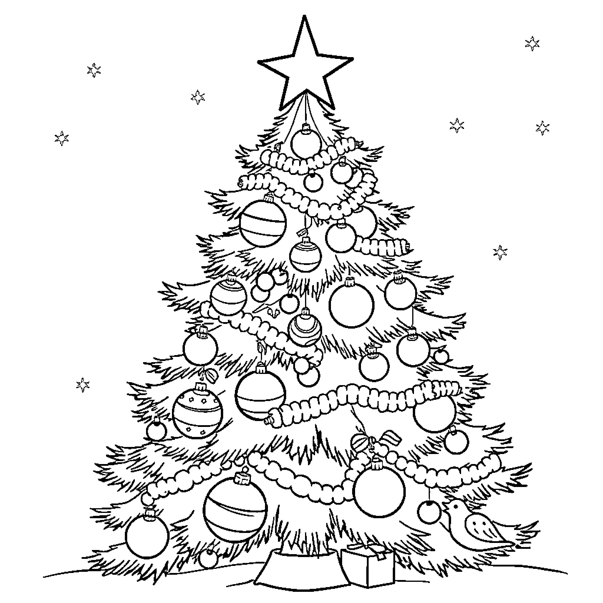 Christmas Tree with Ornaments and Decorations Coloring Page (free black-and-white line drawing printable PDF for all, from beginners to advanced learners, including children, teens, adults, and seniors)