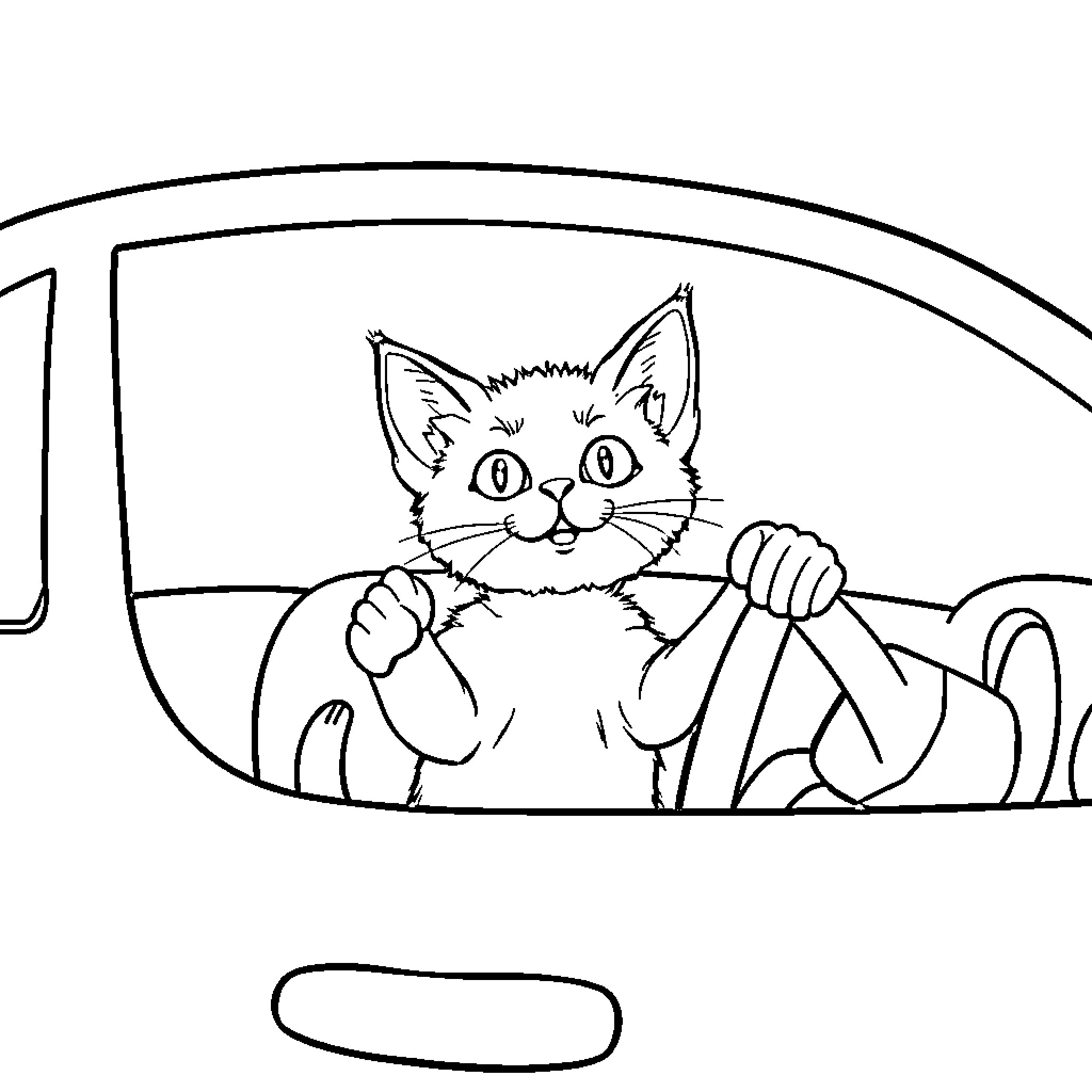 Cat Driving a Car Coloring Page (free black-and-white line drawing printable PDF for all, from beginners to advanced learners, including children, teens, adults, and seniors)