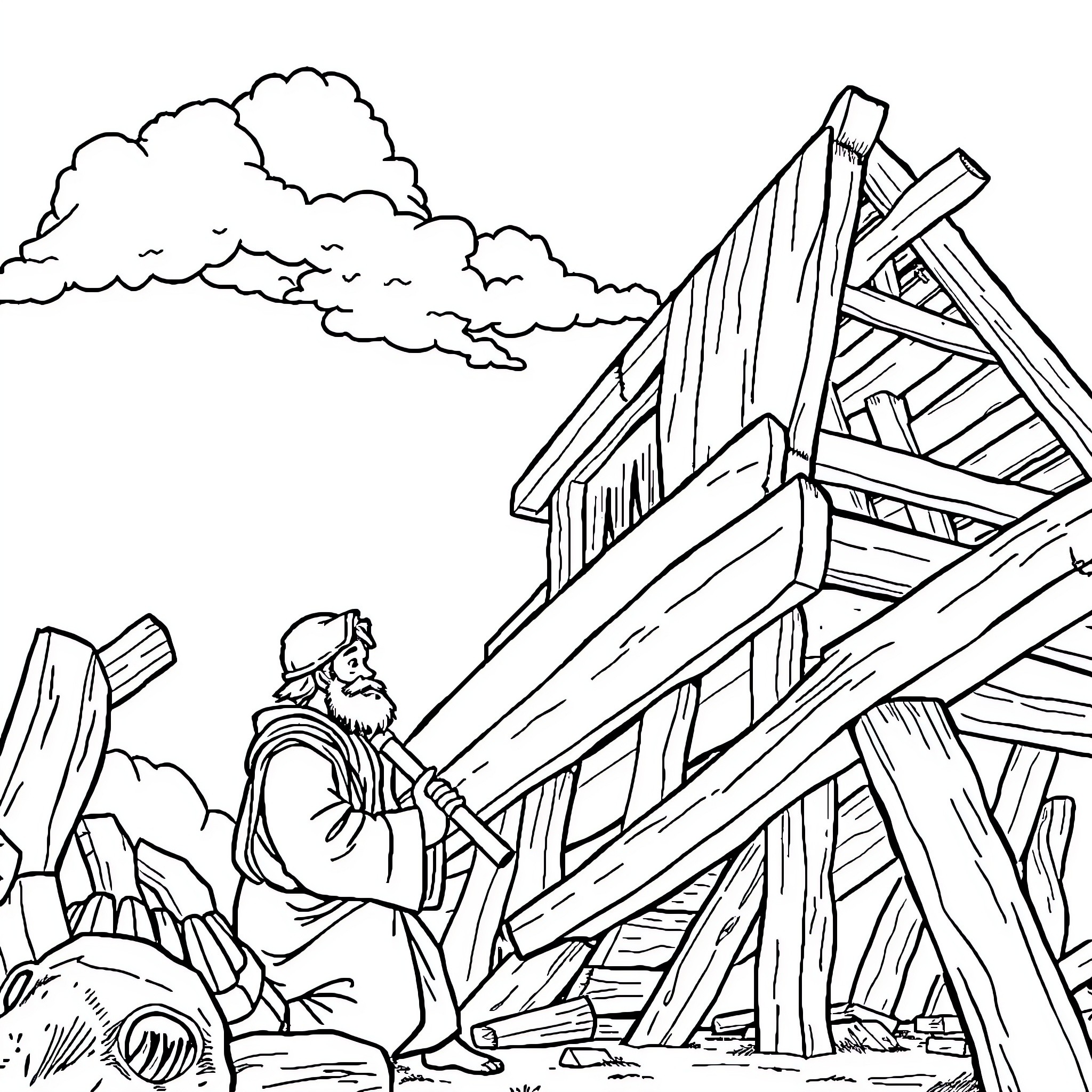 Noah Building the Ark in a Rugged Landscape Coloring Page (free black-and-white line drawing printable PDF for all, from beginners to advanced learners, including children, teens, adults, and seniors)