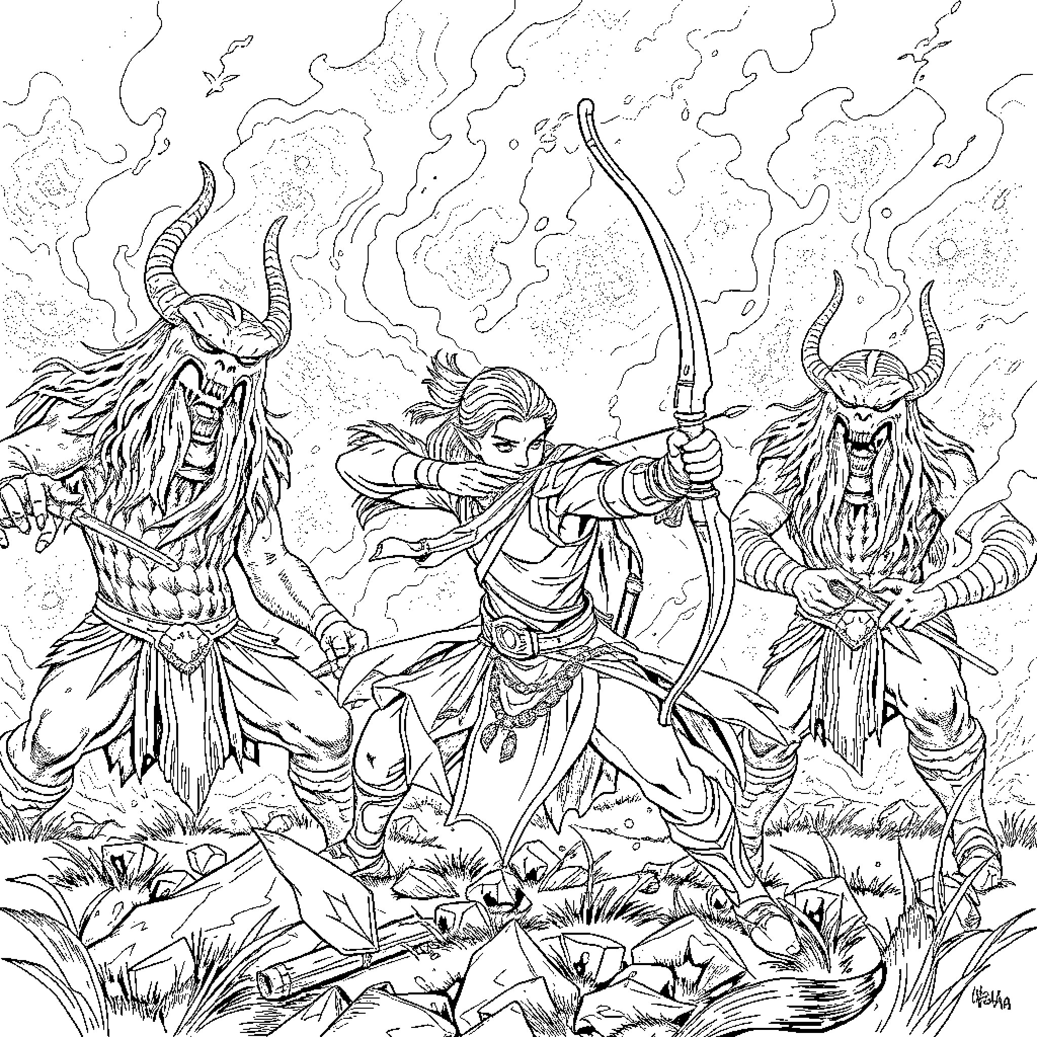 Legolas battles fearsome mythical creatures in the wilderness Coloring Page (free black-and-white line drawing printable PDF for all, from beginners to advanced learners, including children, teens, adults, and seniors)