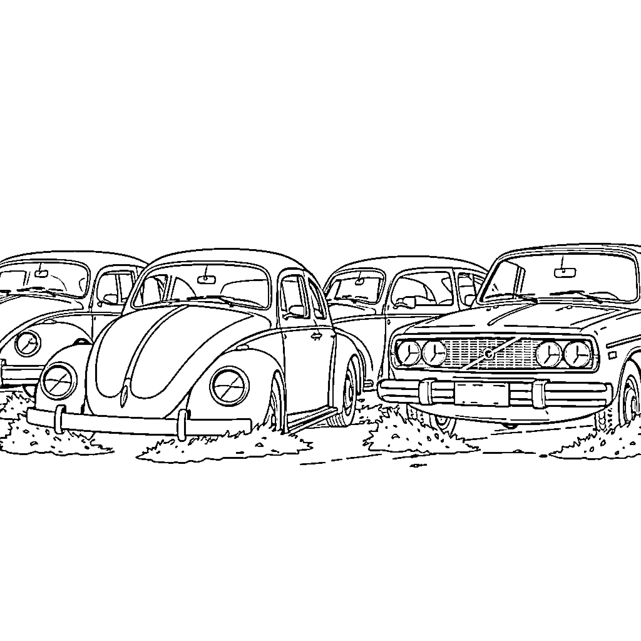 Car Collection Parked in Junkyard Coloring Page (free black-and-white line drawing printable PDF for all, from beginners to advanced learners, including children, teens, adults, and seniors)