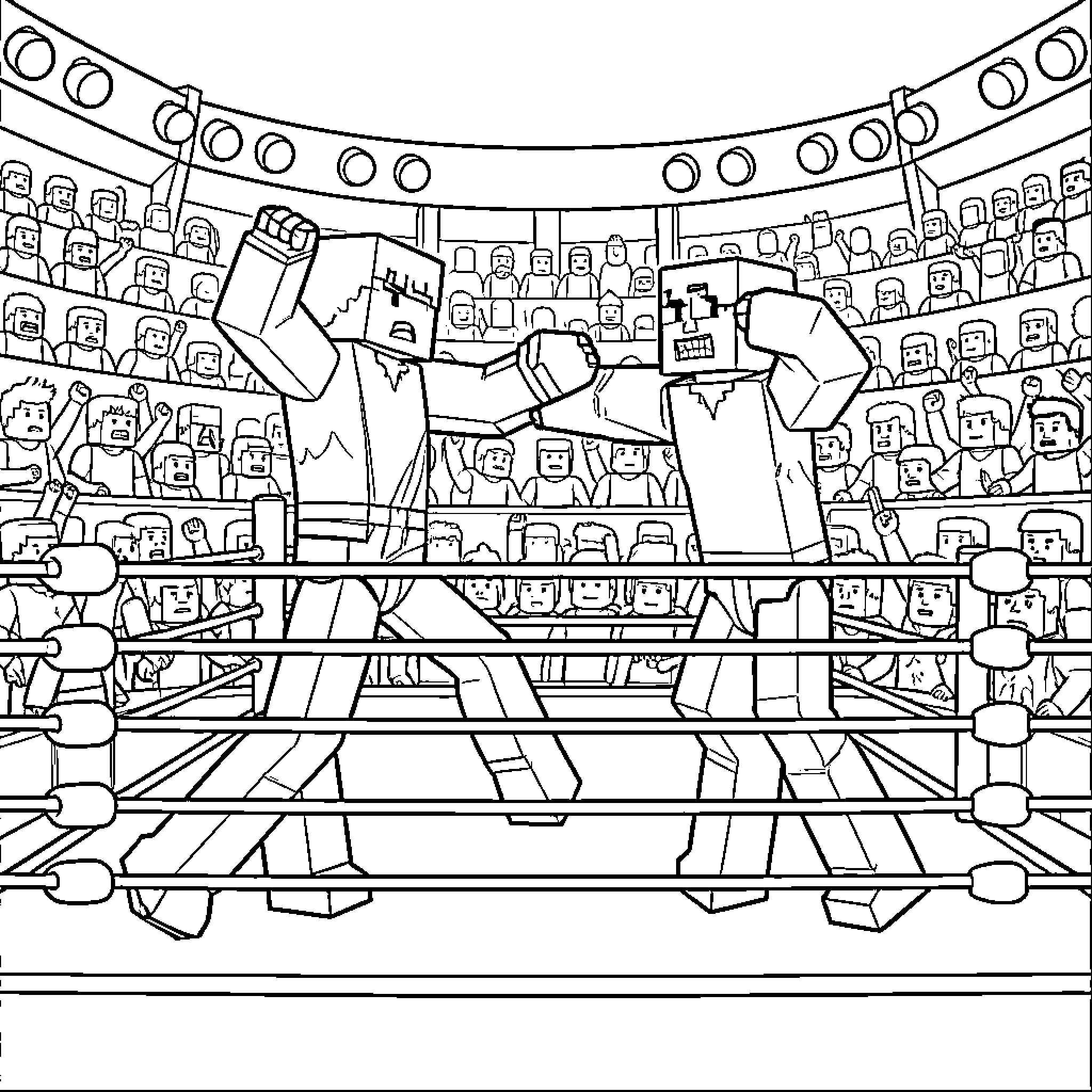Minecraft Fighters Clash in Epic Arena Battle Coloring Page (free black-and-white line drawing printable PDF for all, from beginners to advanced learners, including children, teens, adults, and seniors)