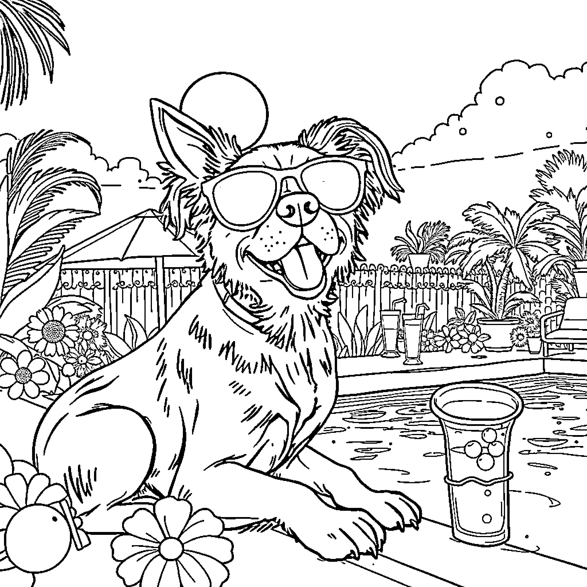 Patrulla Canina enjoying a sunny day in the park Coloring Page (free black-and-white line drawing printable PDF for all, from beginners to advanced learners, including children, teens, adults, and seniors)