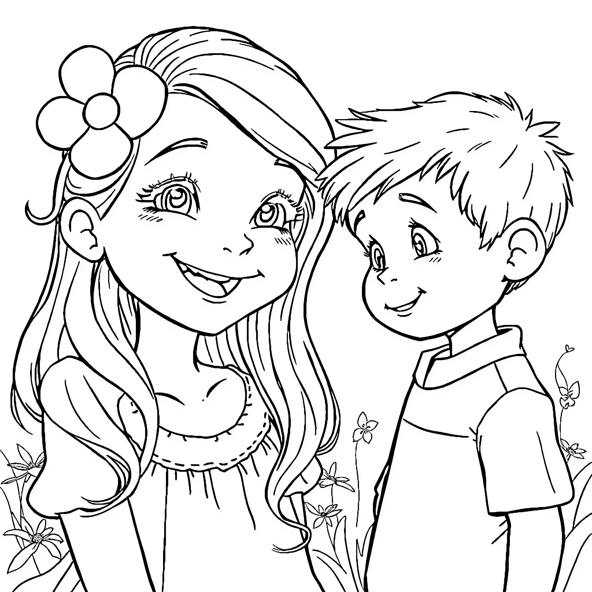 Girl and Boy Smiling in a Floral Scene Coloring Page (free black-and-white line drawing printable PDF for all, from beginners to advanced learners, including children, teens, adults, and seniors)