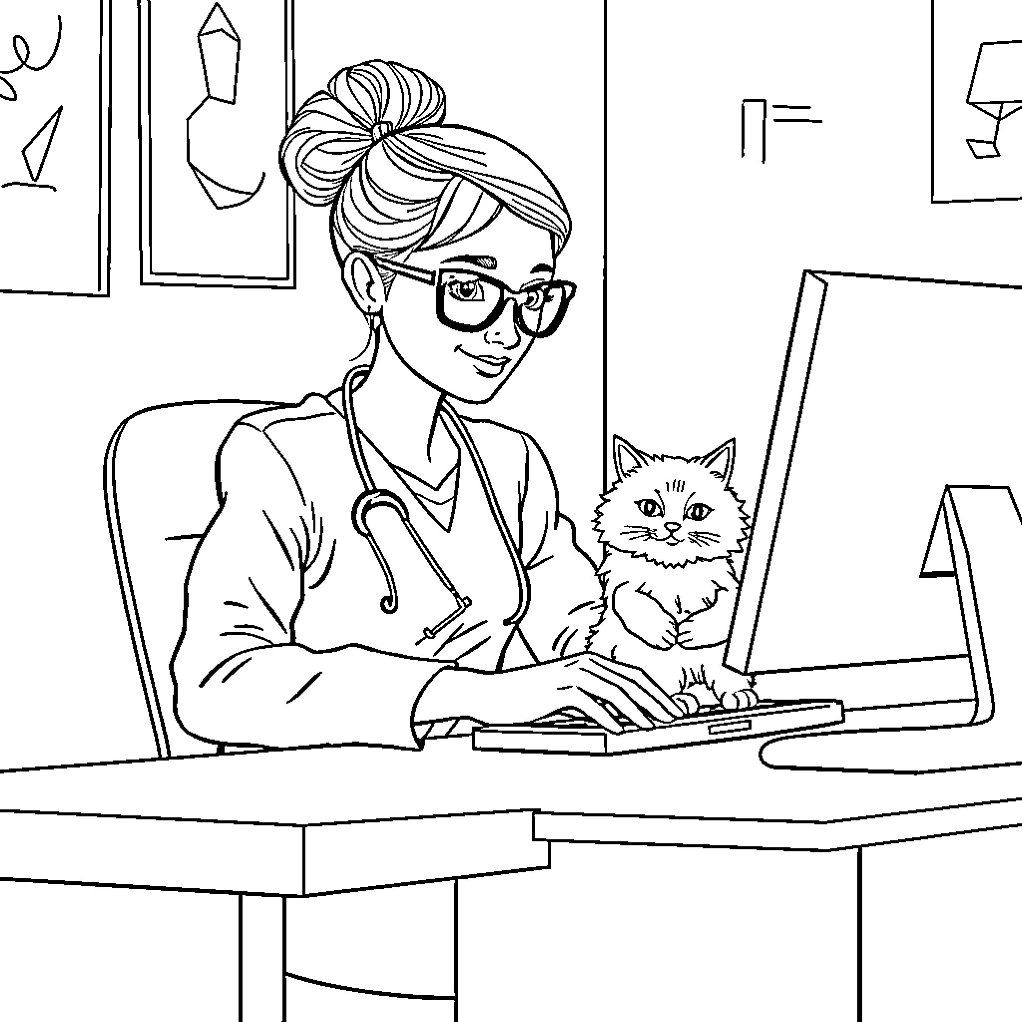 Therapist assisting patient with cat in office Coloring Page (free black-and-white line drawing printable PDF for all, from beginners to advanced learners, including children, teens, adults, and seniors)