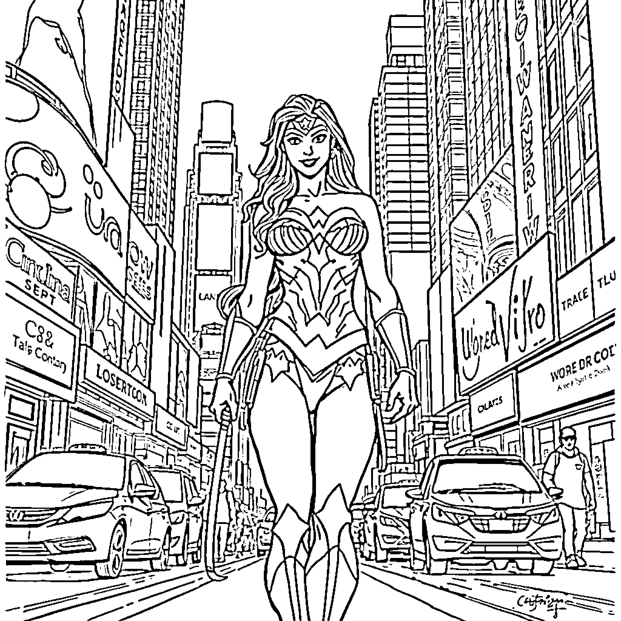 Wonder Woman in action amid bustling city scene Coloring Page (free black-and-white line drawing printable PDF for all, from beginners to advanced learners, including children, teens, adults, and seniors)