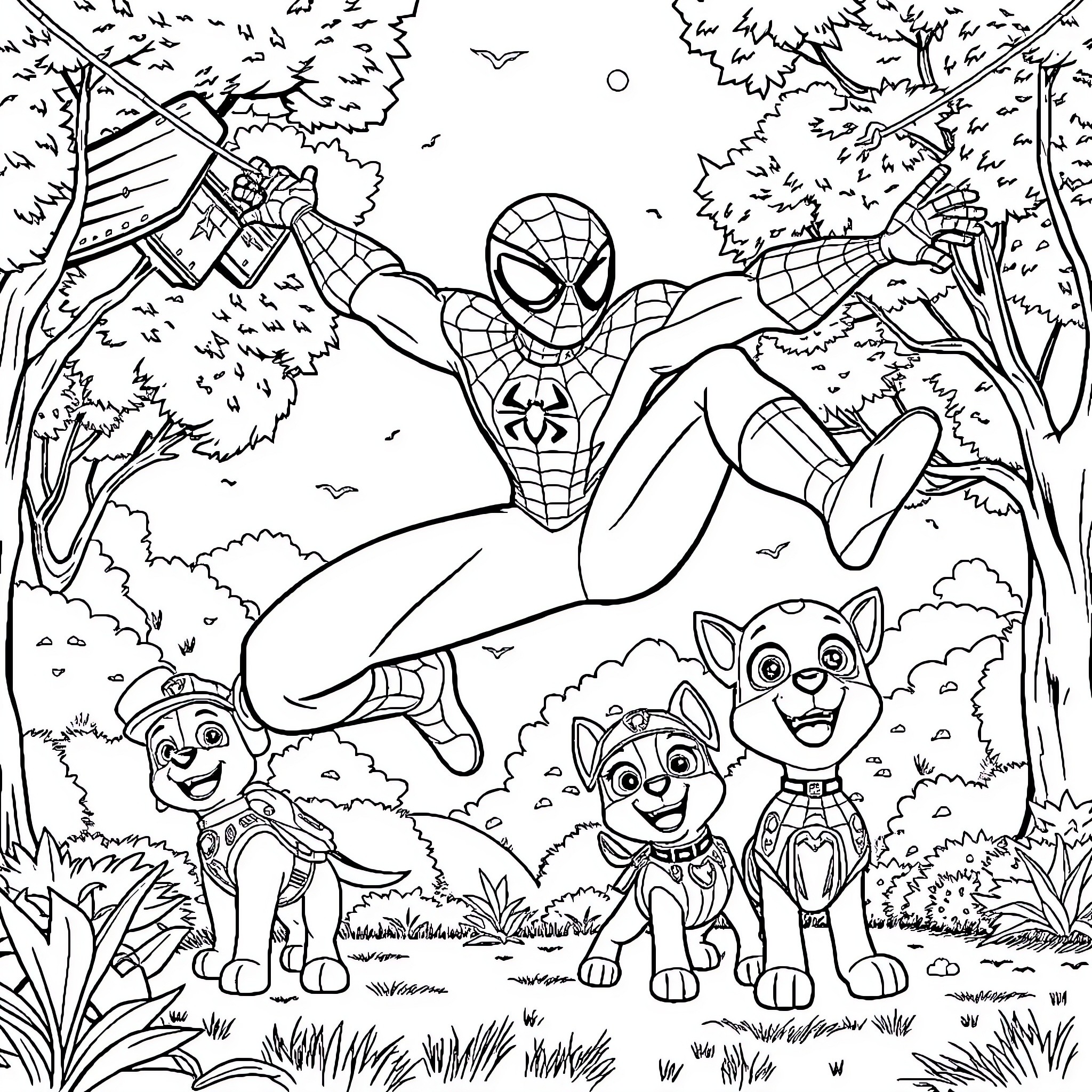Spider-Man swinging through the forest with puppies Coloring Page (free black-and-white line drawing printable PDF for all, from beginners to advanced learners, including children, teens, adults, and seniors)