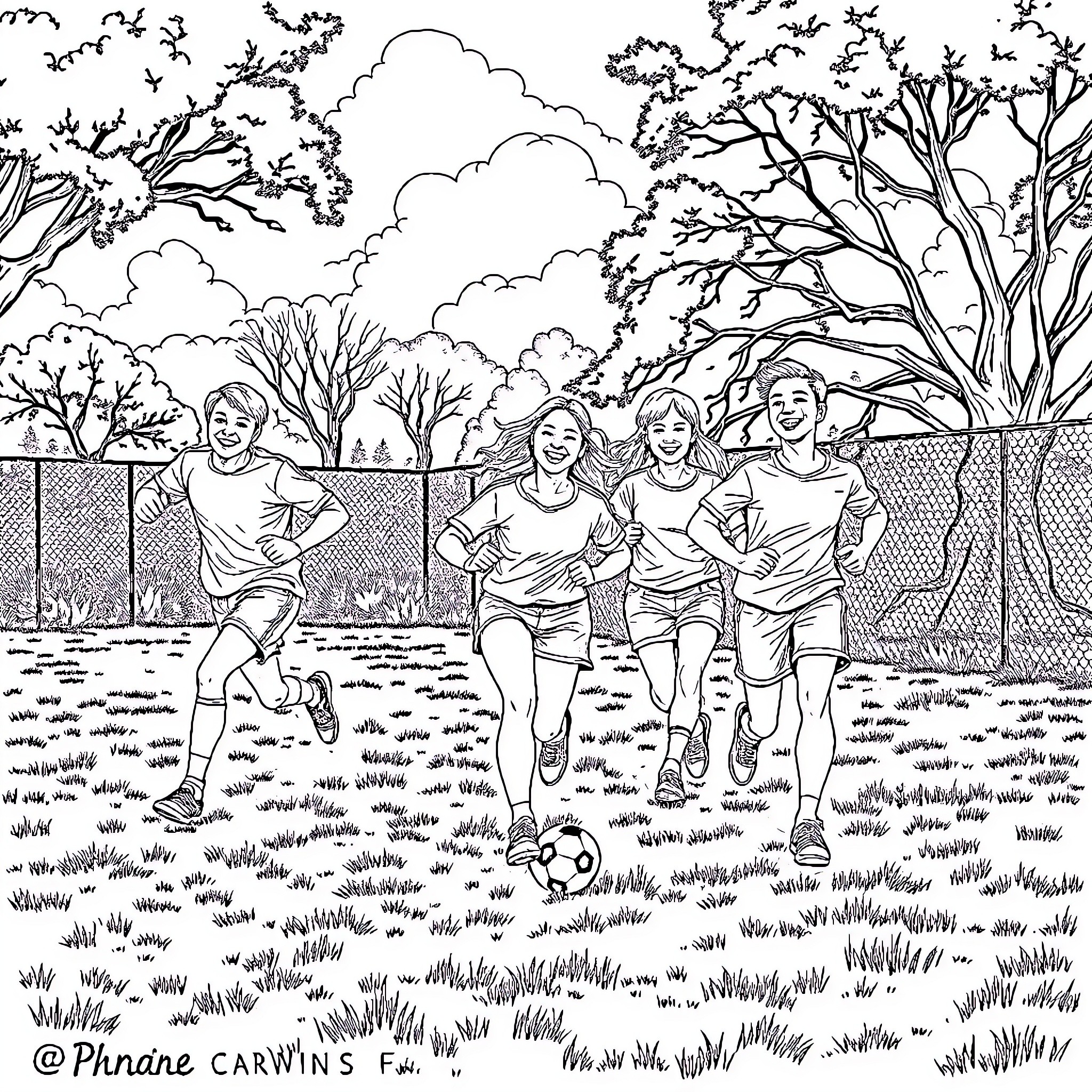 Teenagers playing soccer on a sunny day Coloring Page (free black-and-white line drawing printable PDF for all, from beginners to advanced learners, including children, teens, adults, and seniors)