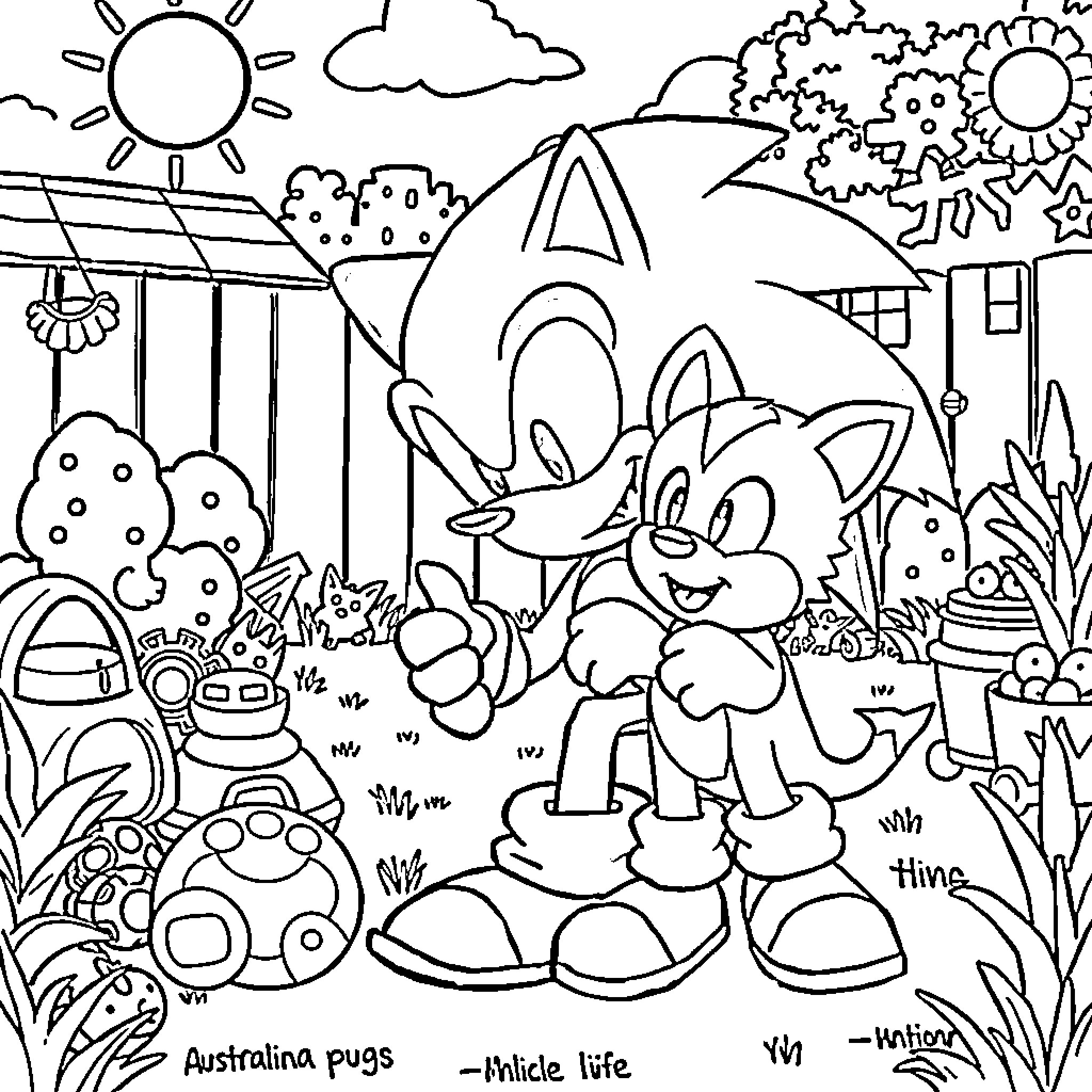 Sonic Characters in an Outdoor Scene Coloring Page (free black-and-white line drawing printable PDF for all, from beginners to advanced learners, including children, teens, adults, and seniors)