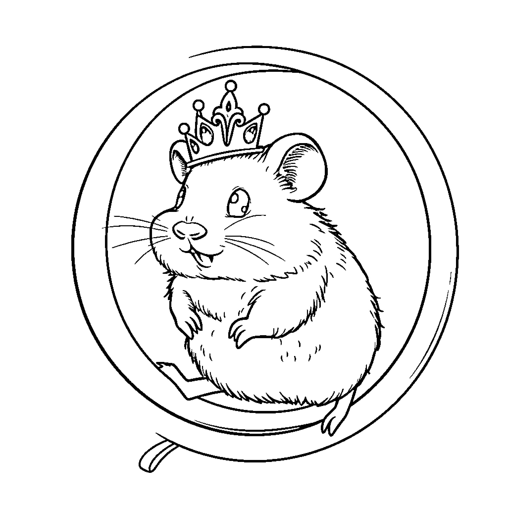 Hamster royally posing in a mirror Coloring Page (free black-and-white line drawing printable PDF for all, from beginners to advanced learners, including children, teens, adults, and seniors)