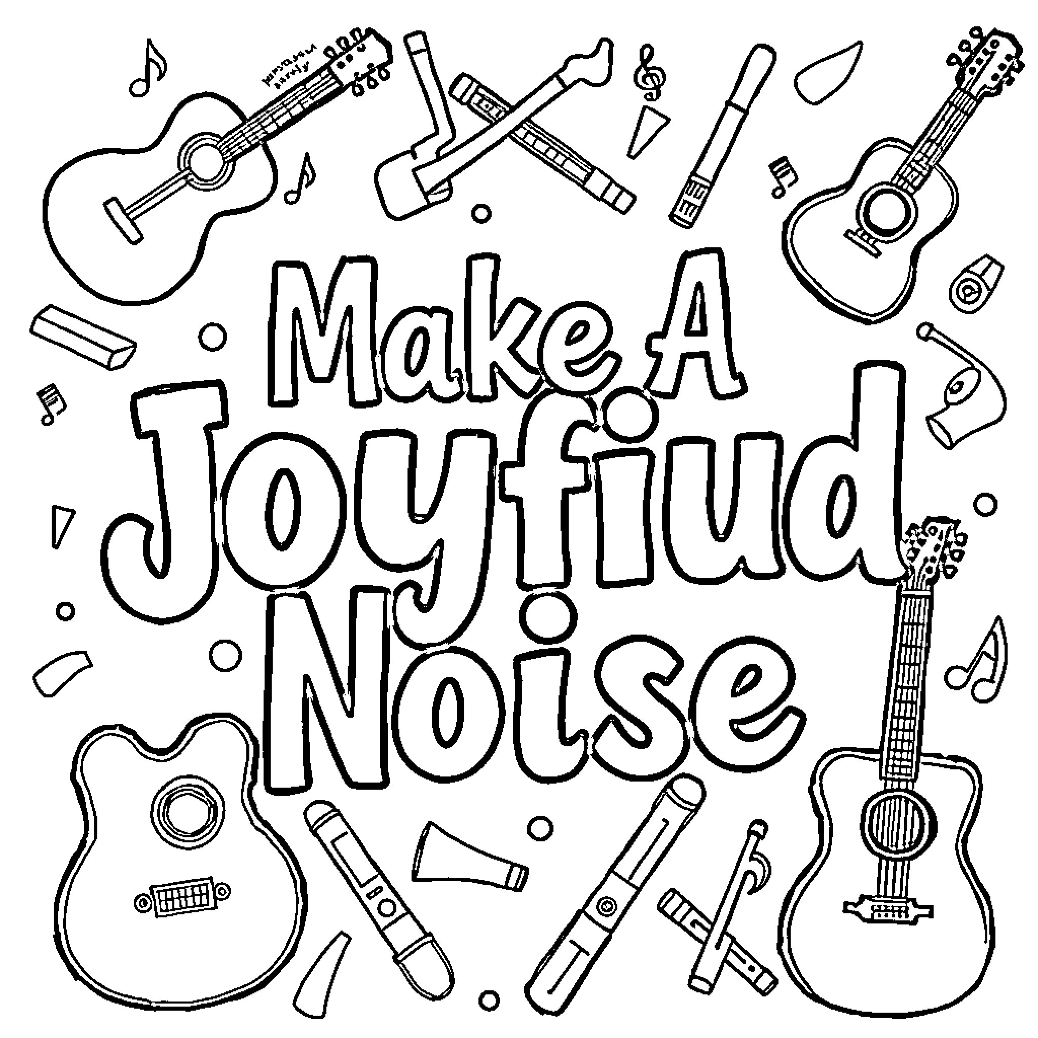 Music Instruments and Joyful Noise Coloring Page (free black-and-white line drawing printable PDF for all, from beginners to advanced learners, including children, teens, adults, and seniors)