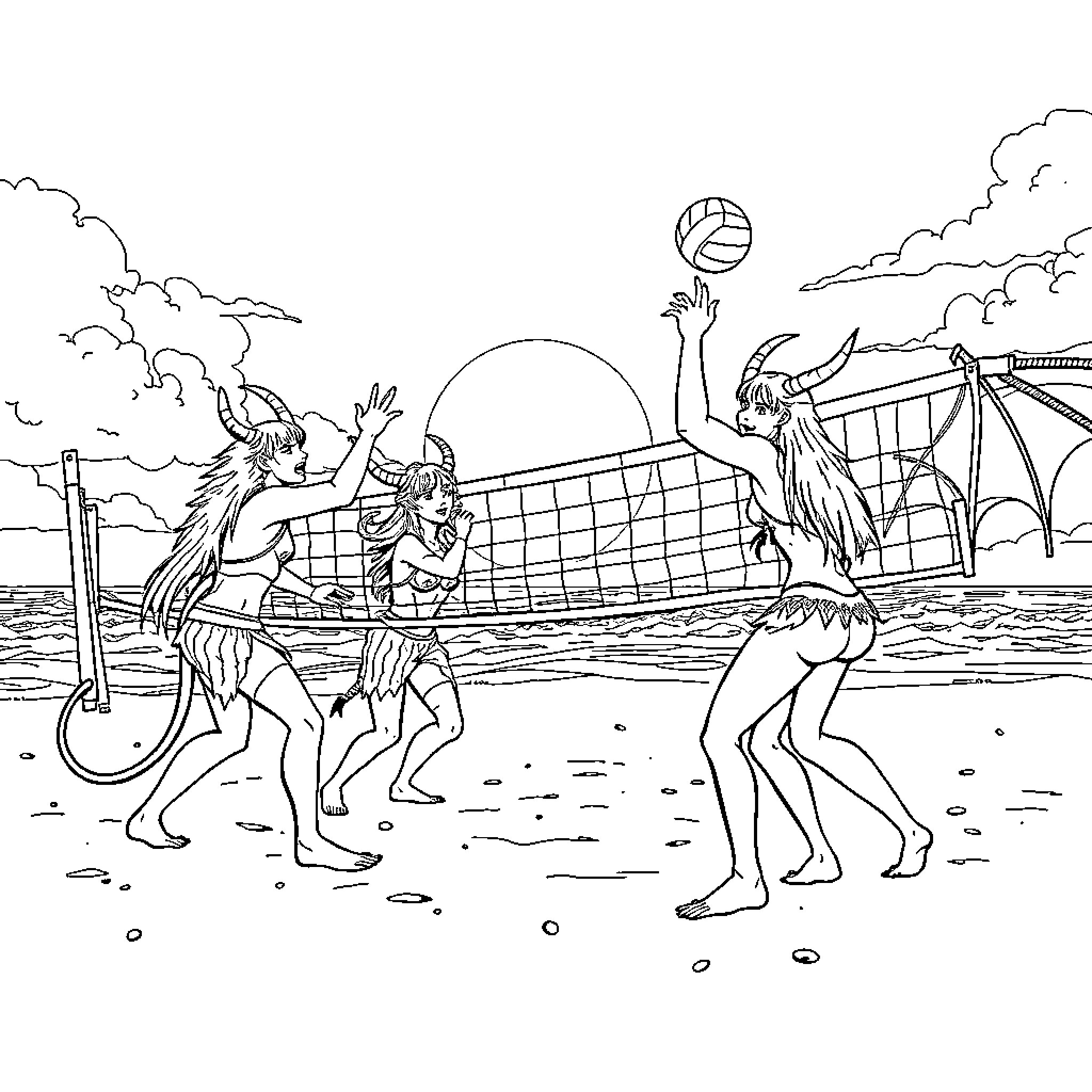 Demon Hunters Playing Volleyball on the Beach Coloring Page (free black-and-white line drawing printable PDF for all, from beginners to advanced learners, including children, teens, adults, and seniors)
